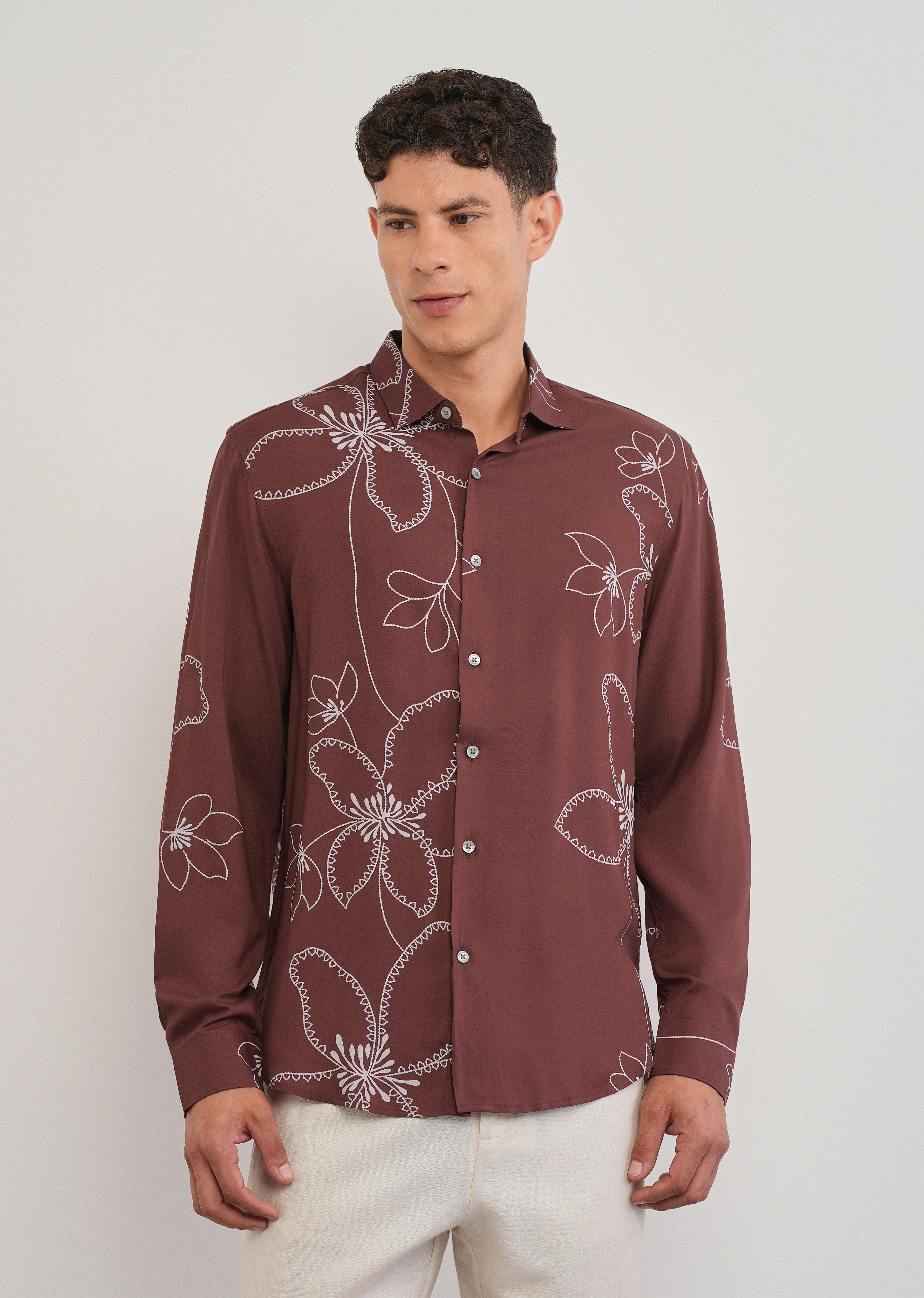 Burnt Umber Artistic Floral Printed Shirt - Image 3