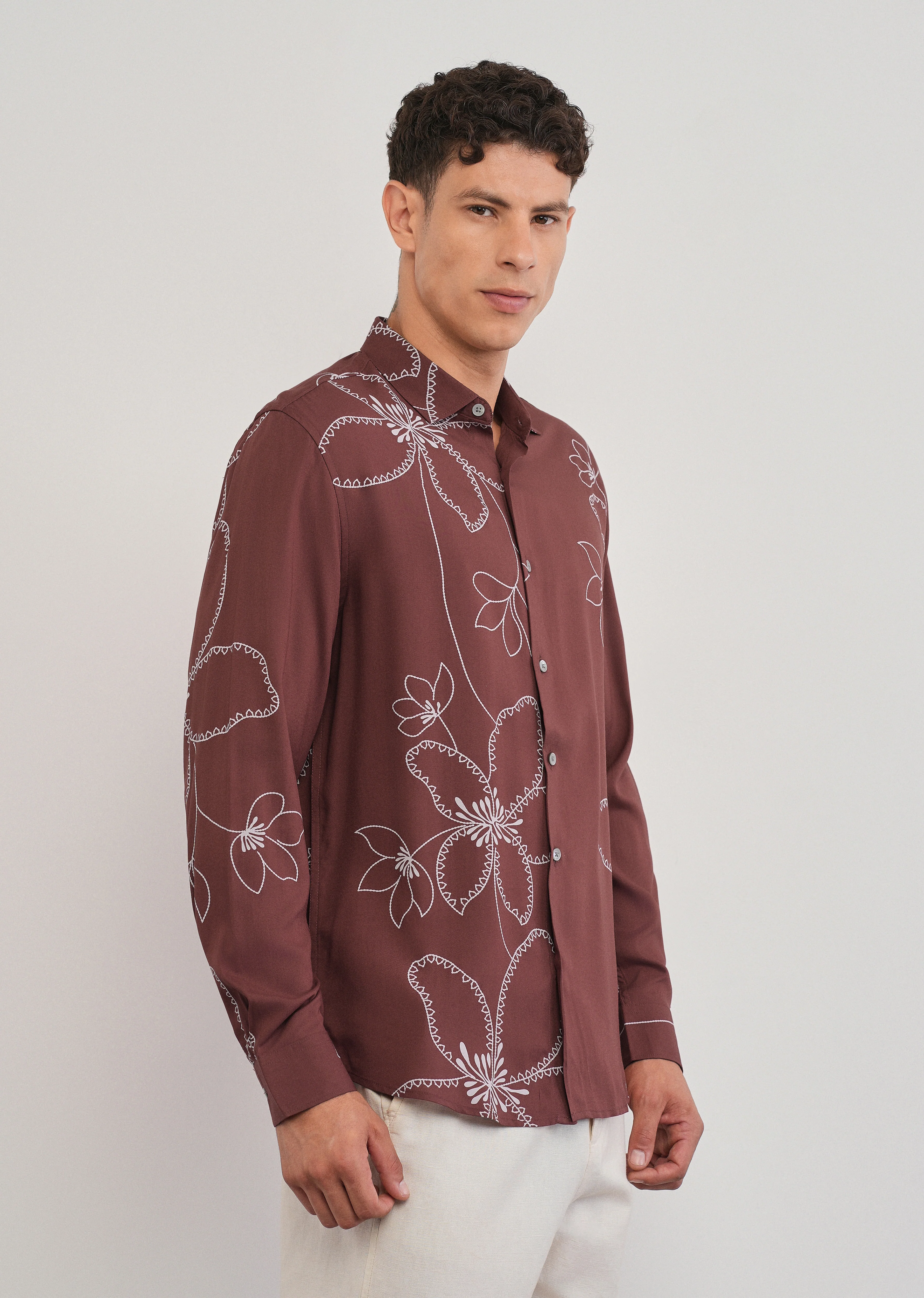 Burnt Umber Artistic Floral Printed Shirt - Image 4