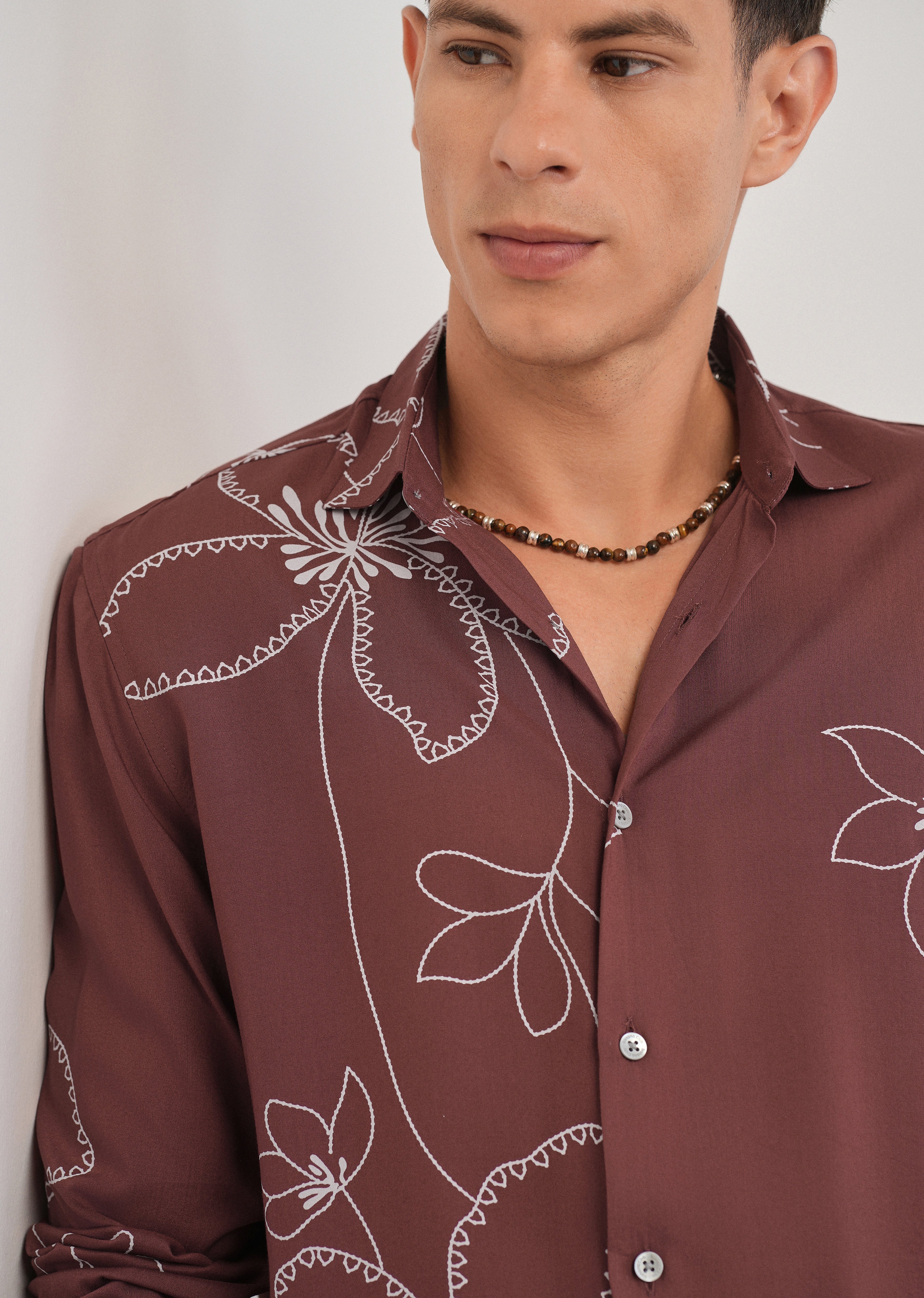 Burnt Umber Artistic Floral Printed Shirt - Image 5