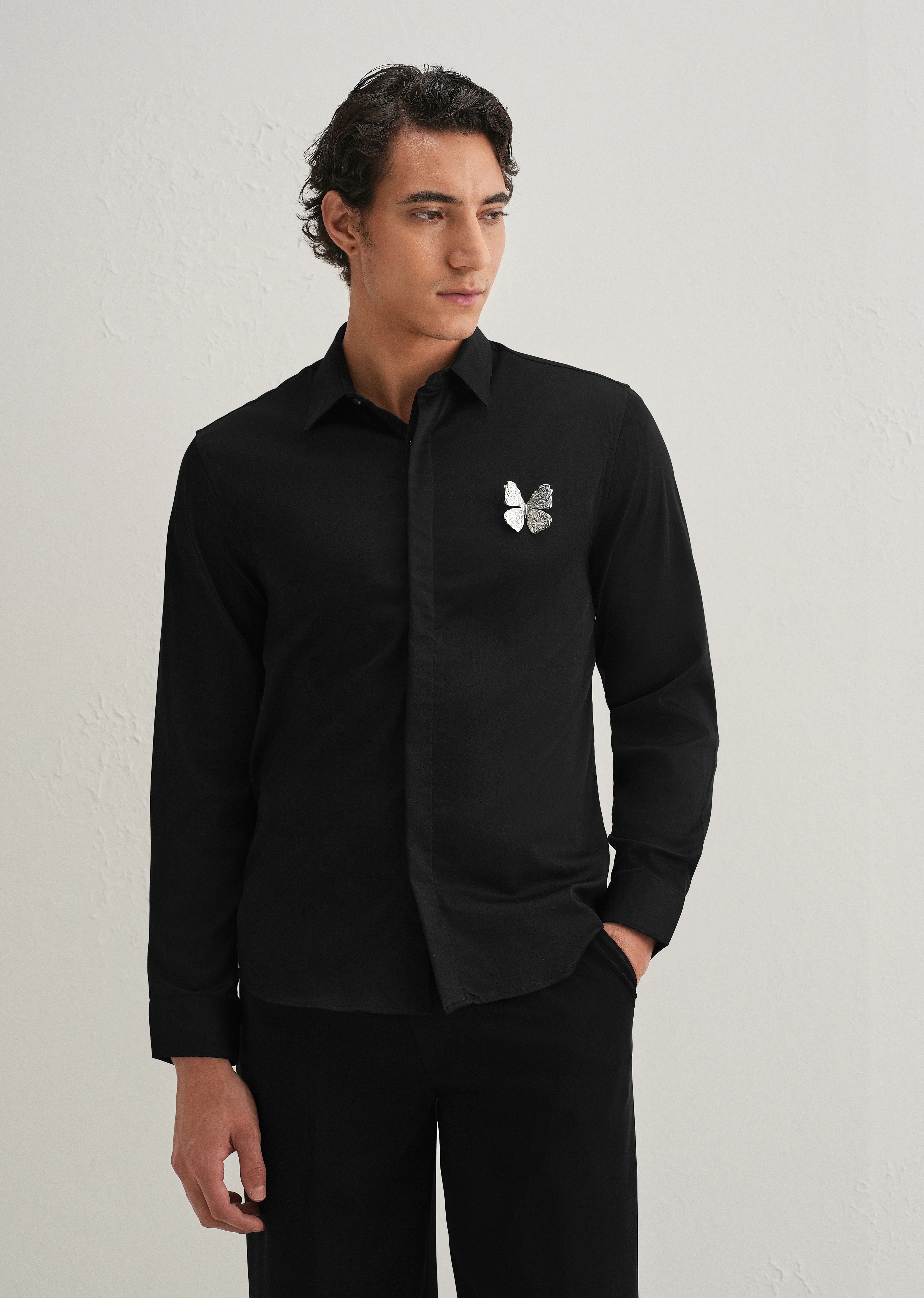 Butterfly Brooch Black Designer Shirt - Image 3