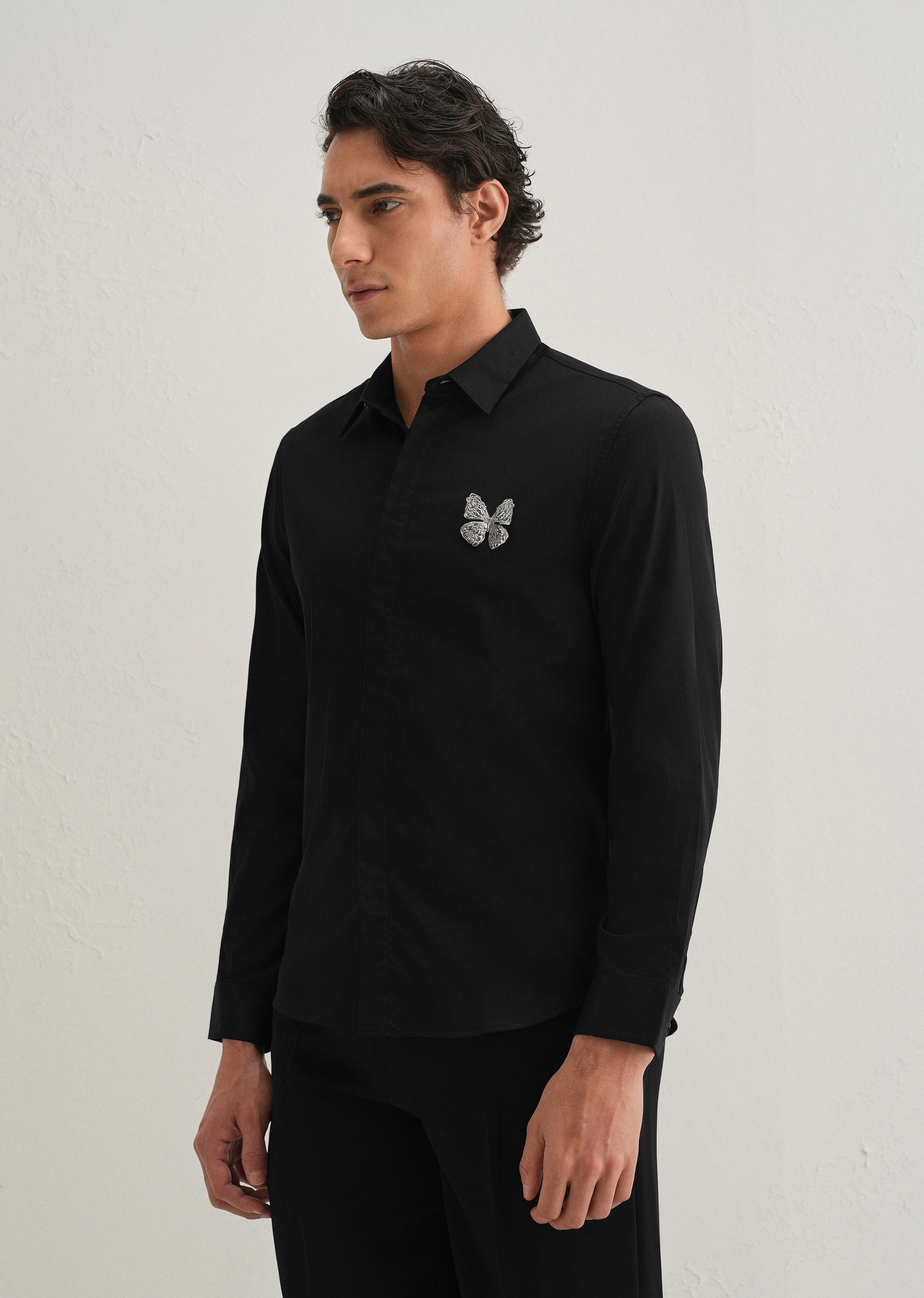 Butterfly Brooch Black Designer Shirt - Image 4