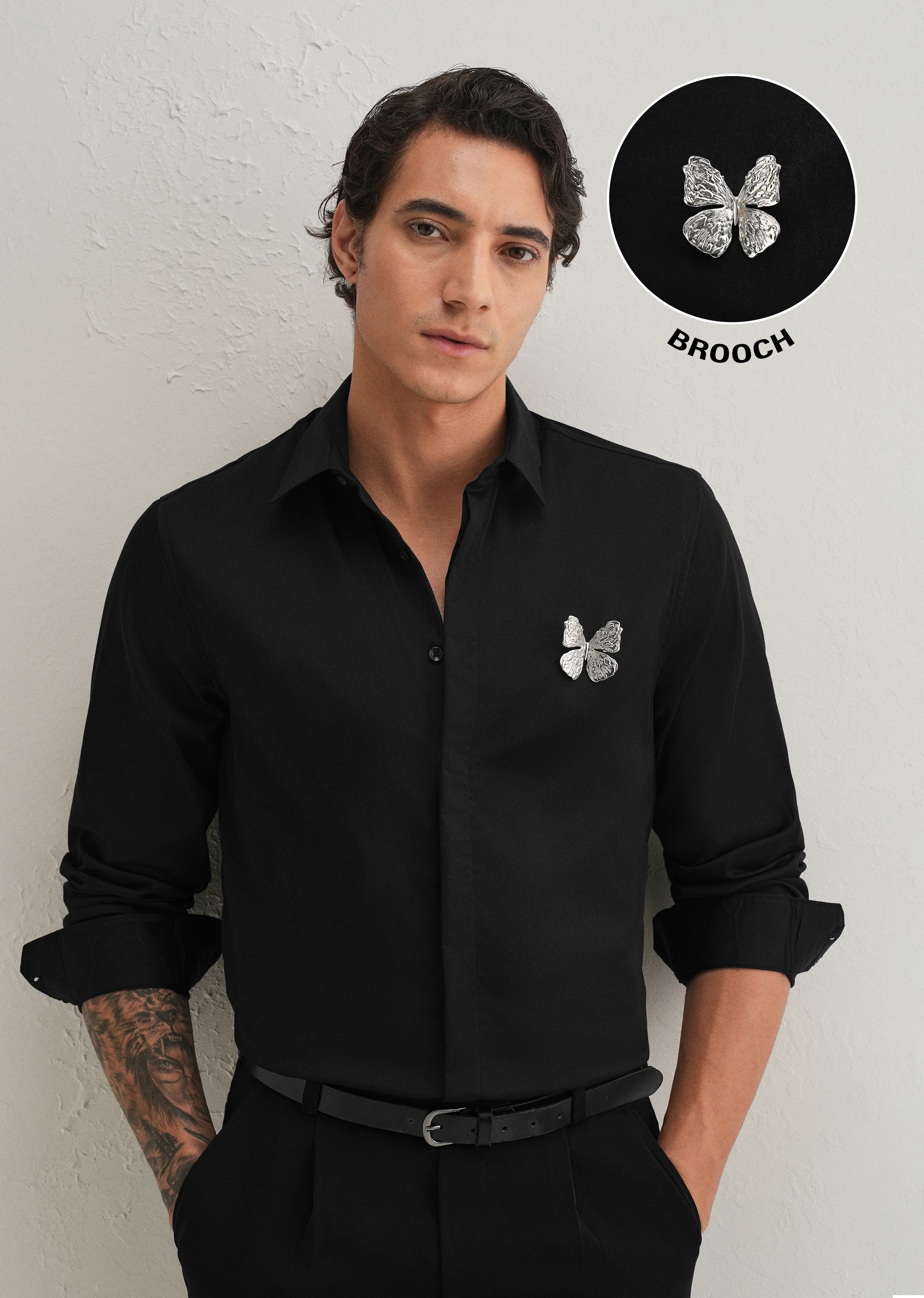 Butterfly Brooch Black Designer Shirt - Image 7