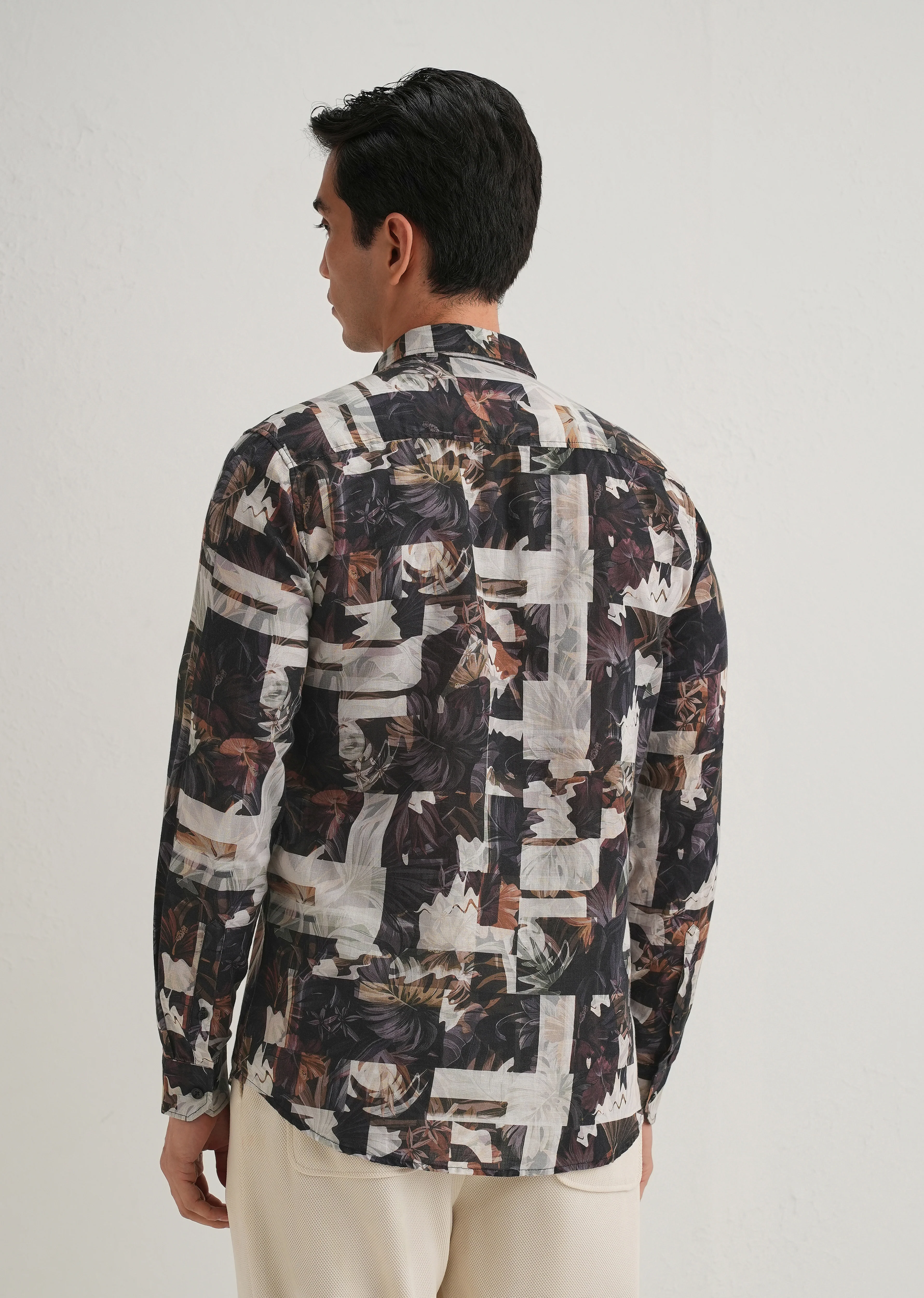 Charcoal Black Printed Cotton Linen Shirt - Image 2