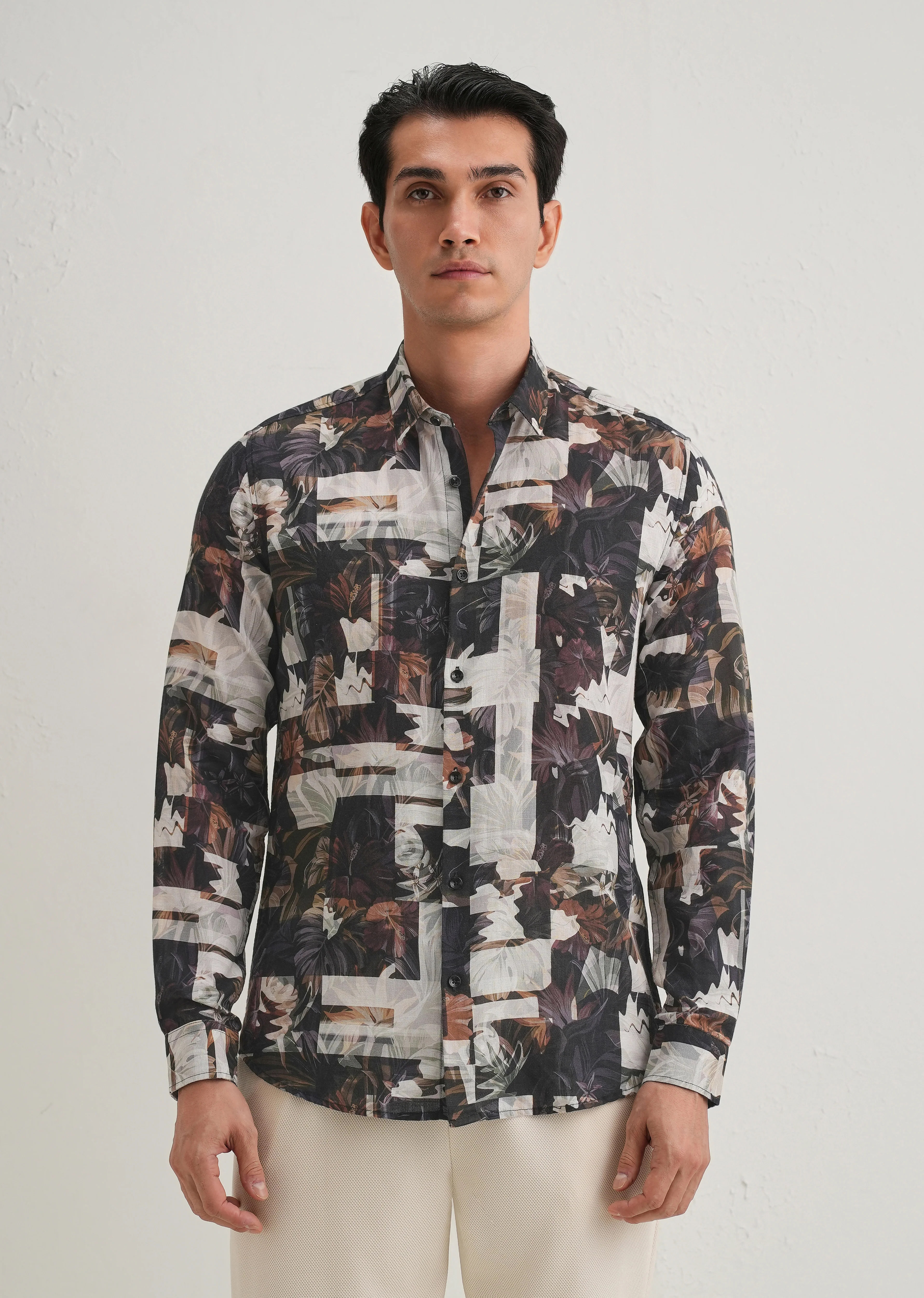 Charcoal Black Printed Cotton Linen Shirt - Image 3