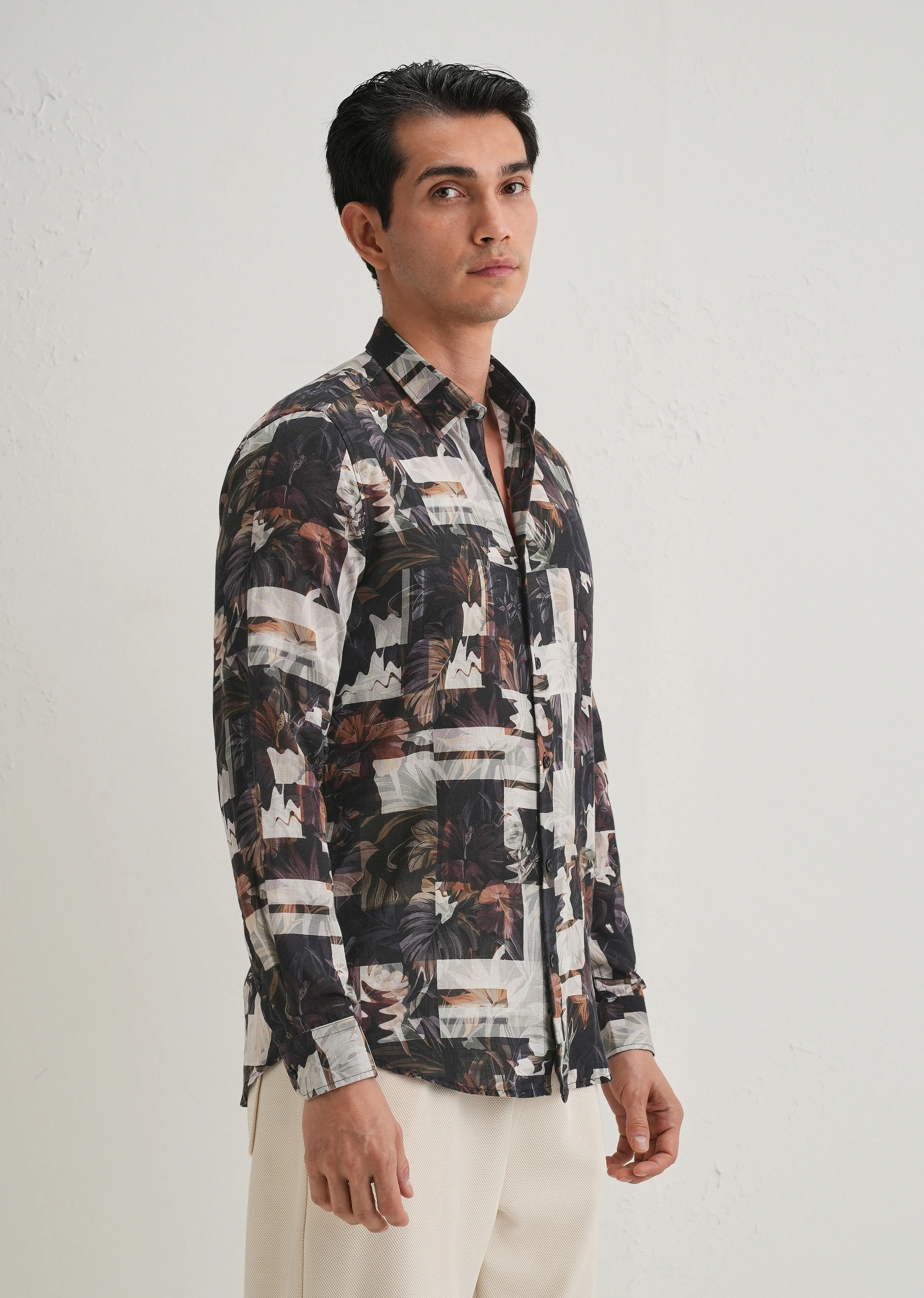 Charcoal Black Printed Cotton Linen Shirt - Image 4