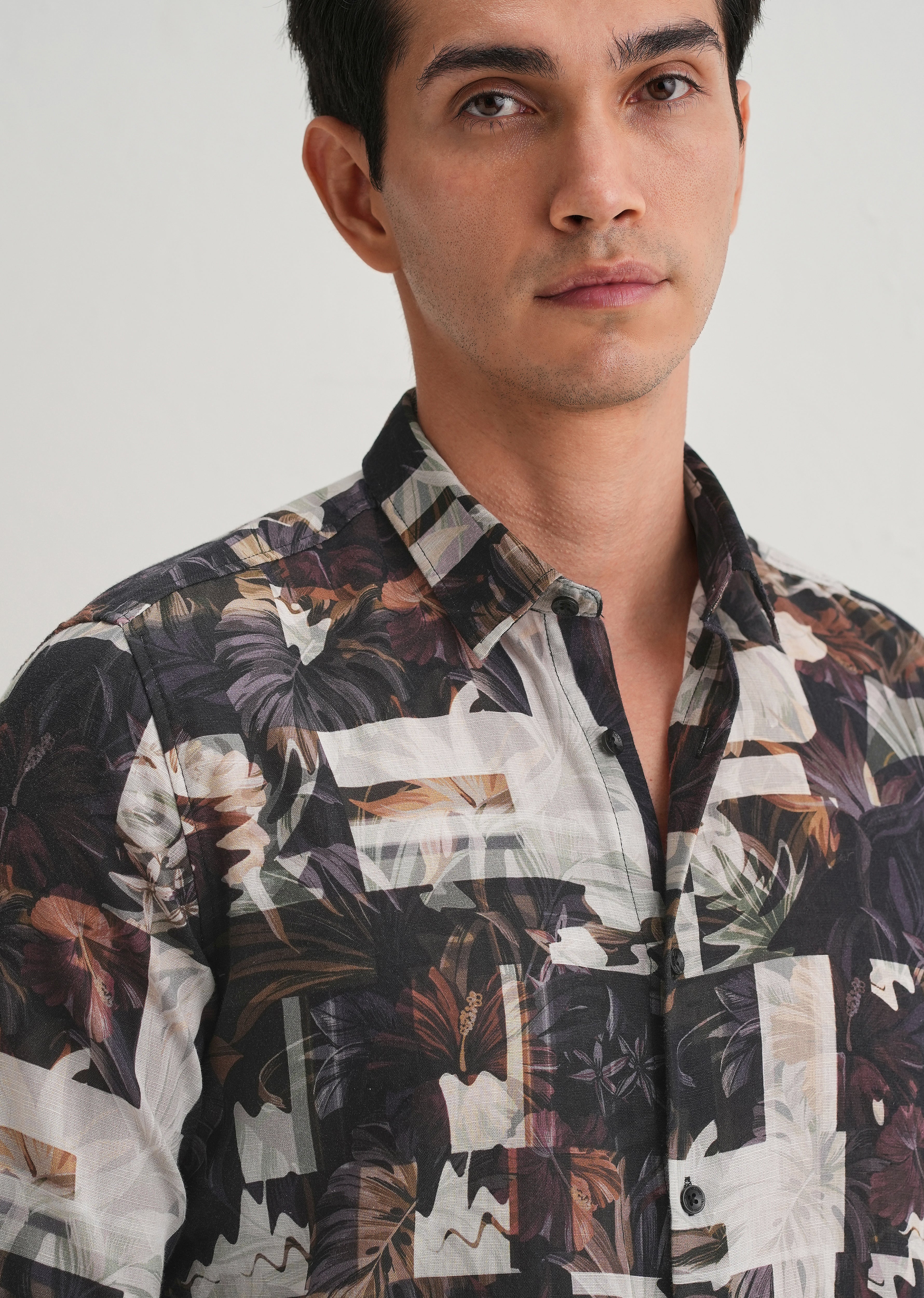 Charcoal Black Printed Cotton Linen Shirt - Image 5