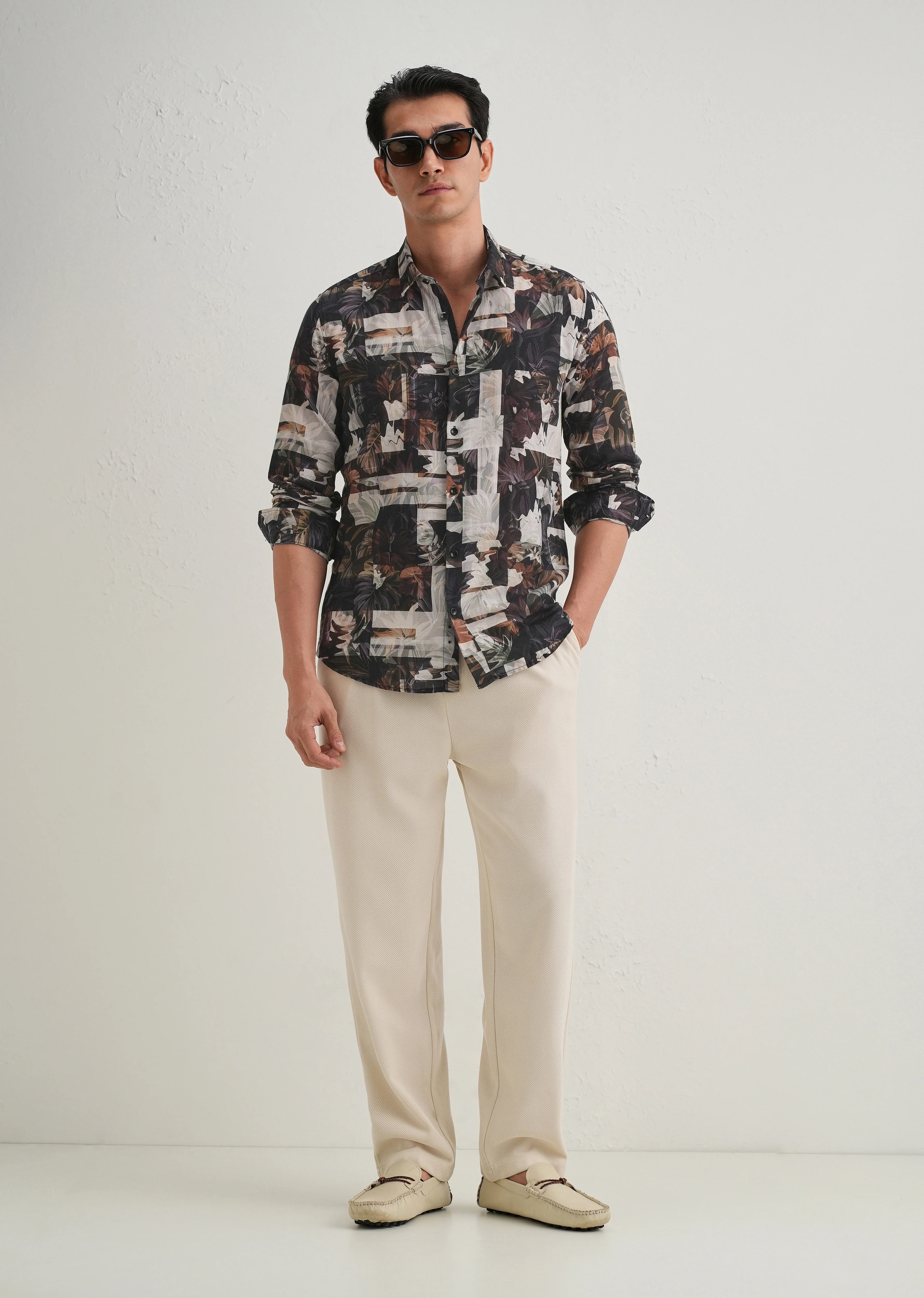 Charcoal Black Printed Cotton Linen Shirt - Image 6