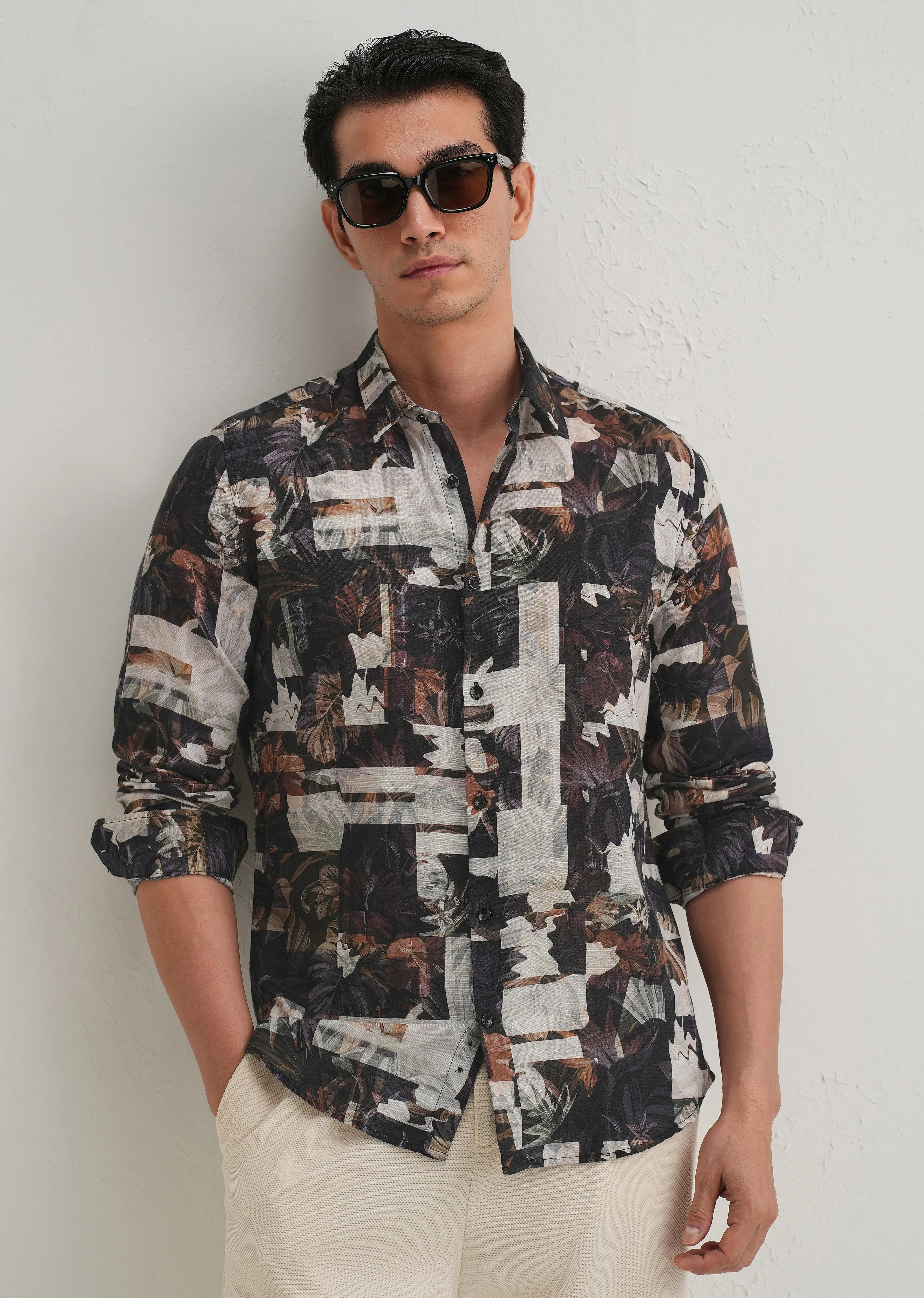 Charcoal Black Printed Cotton Linen Shirt - Image 7
