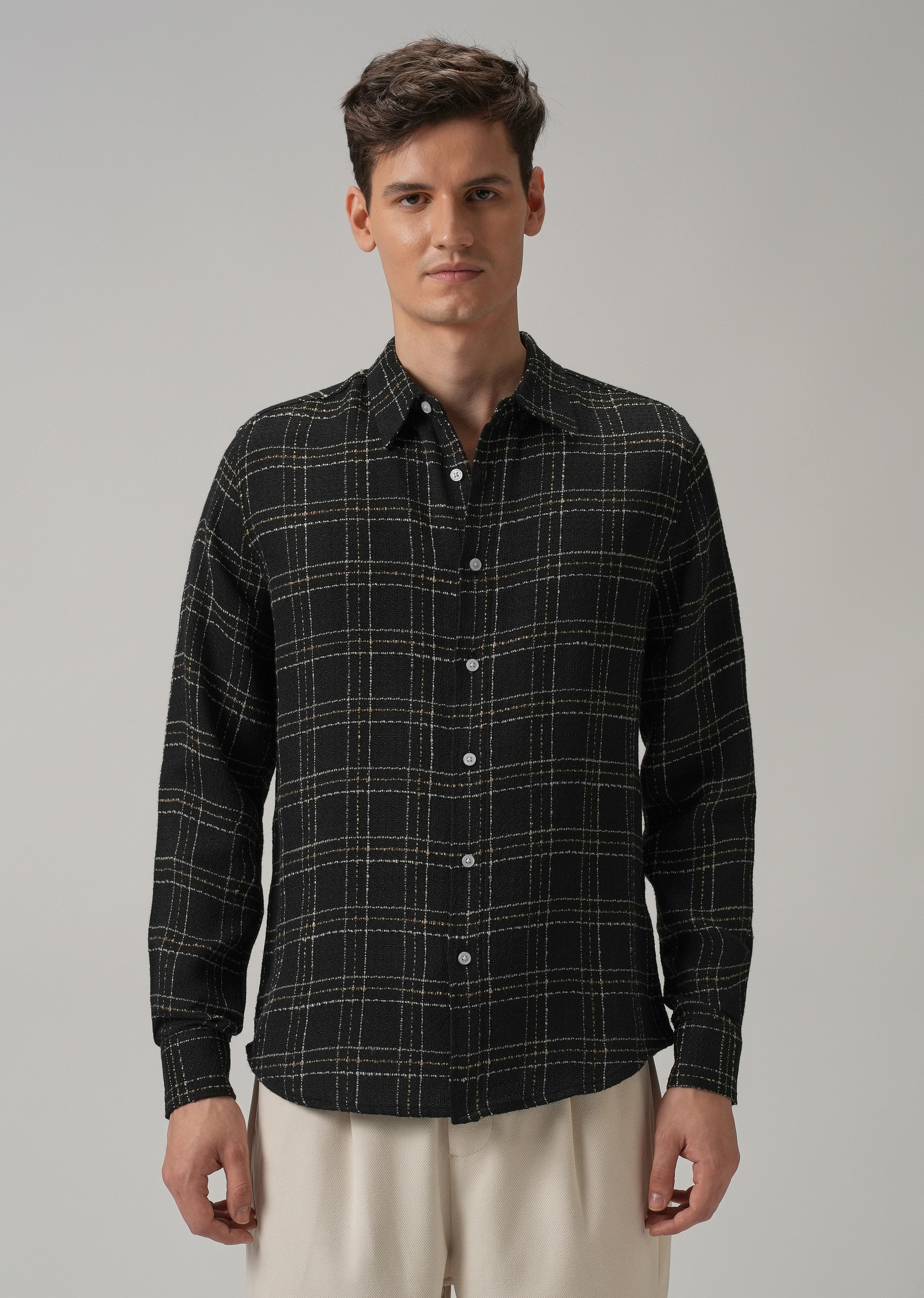 Charcoal Plaid Textured Cotton Check Shirt - Image 3