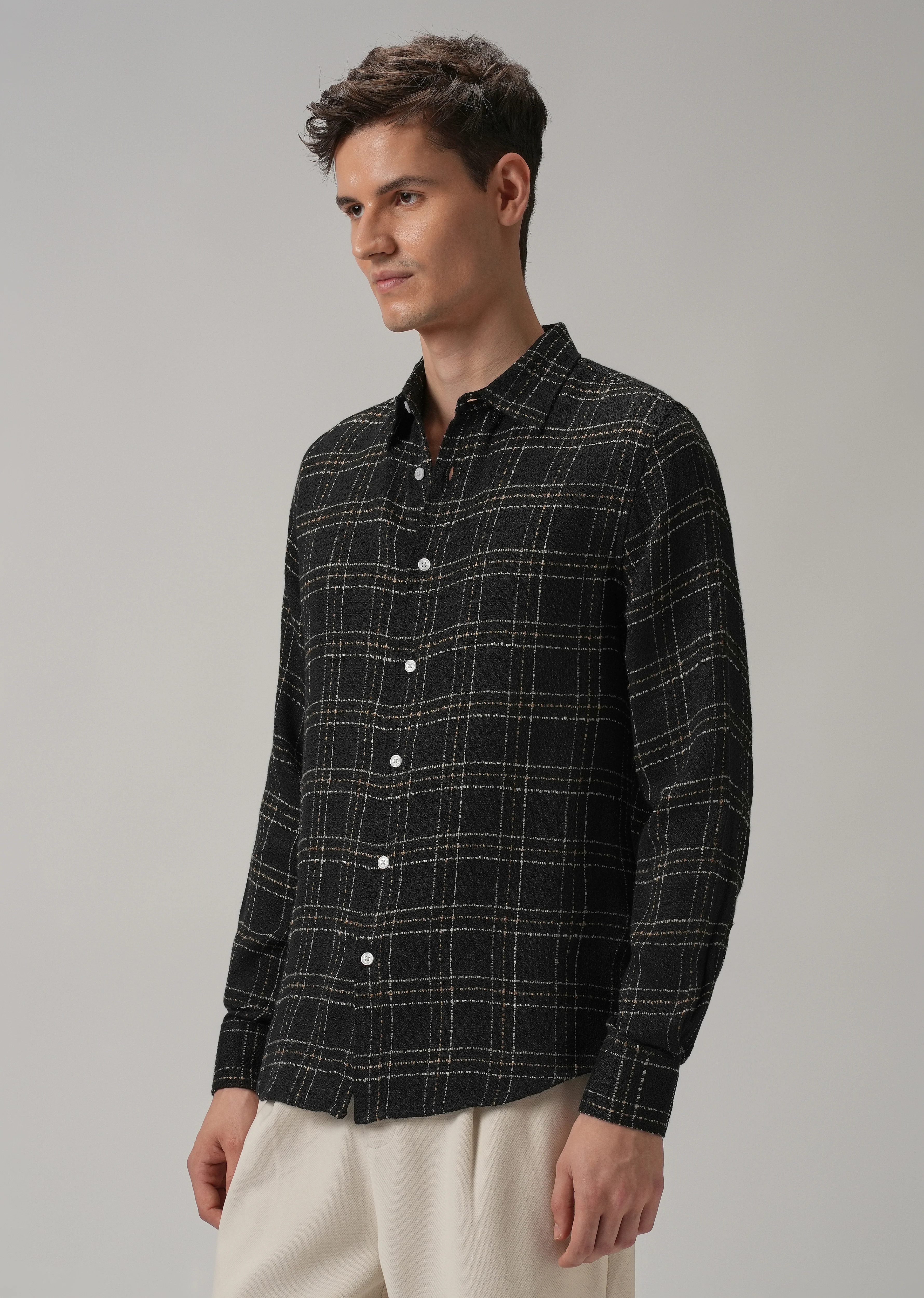 Charcoal Plaid Textured Cotton Check Shirt - Image 4