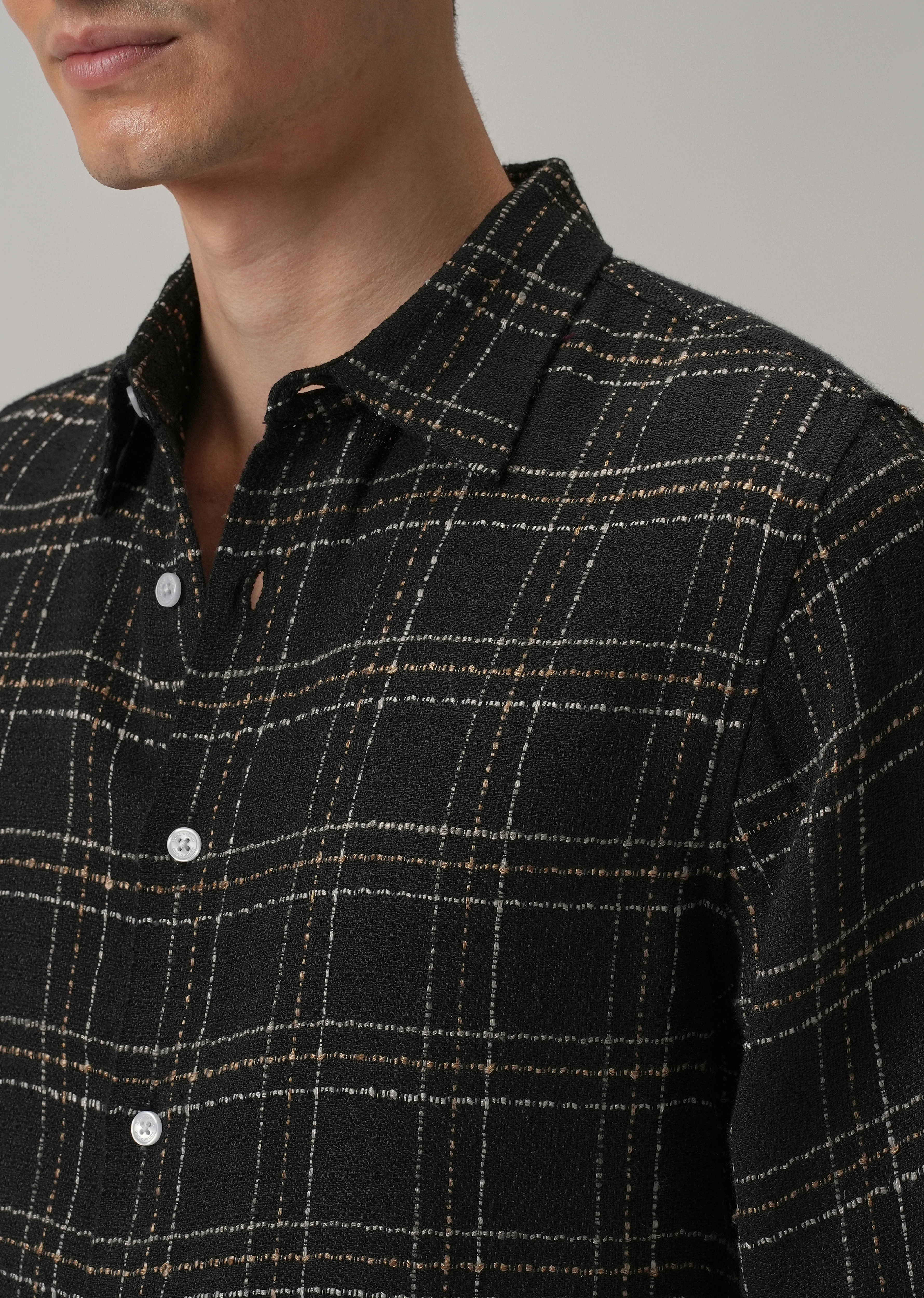 Charcoal Plaid Textured Cotton Check Shirt - Image 5