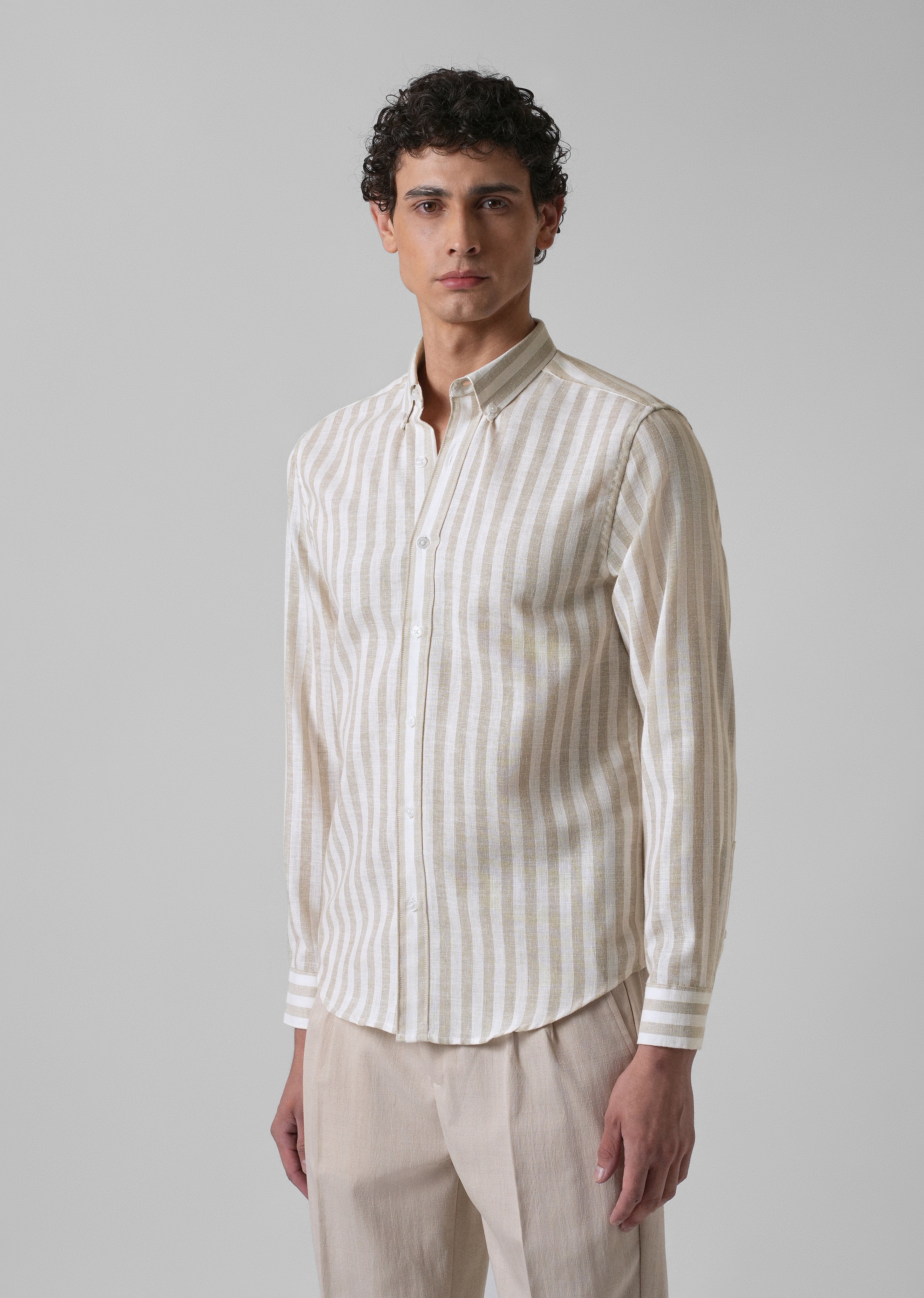 Classic Beige Stripe Blended Linen shirt - Image 4