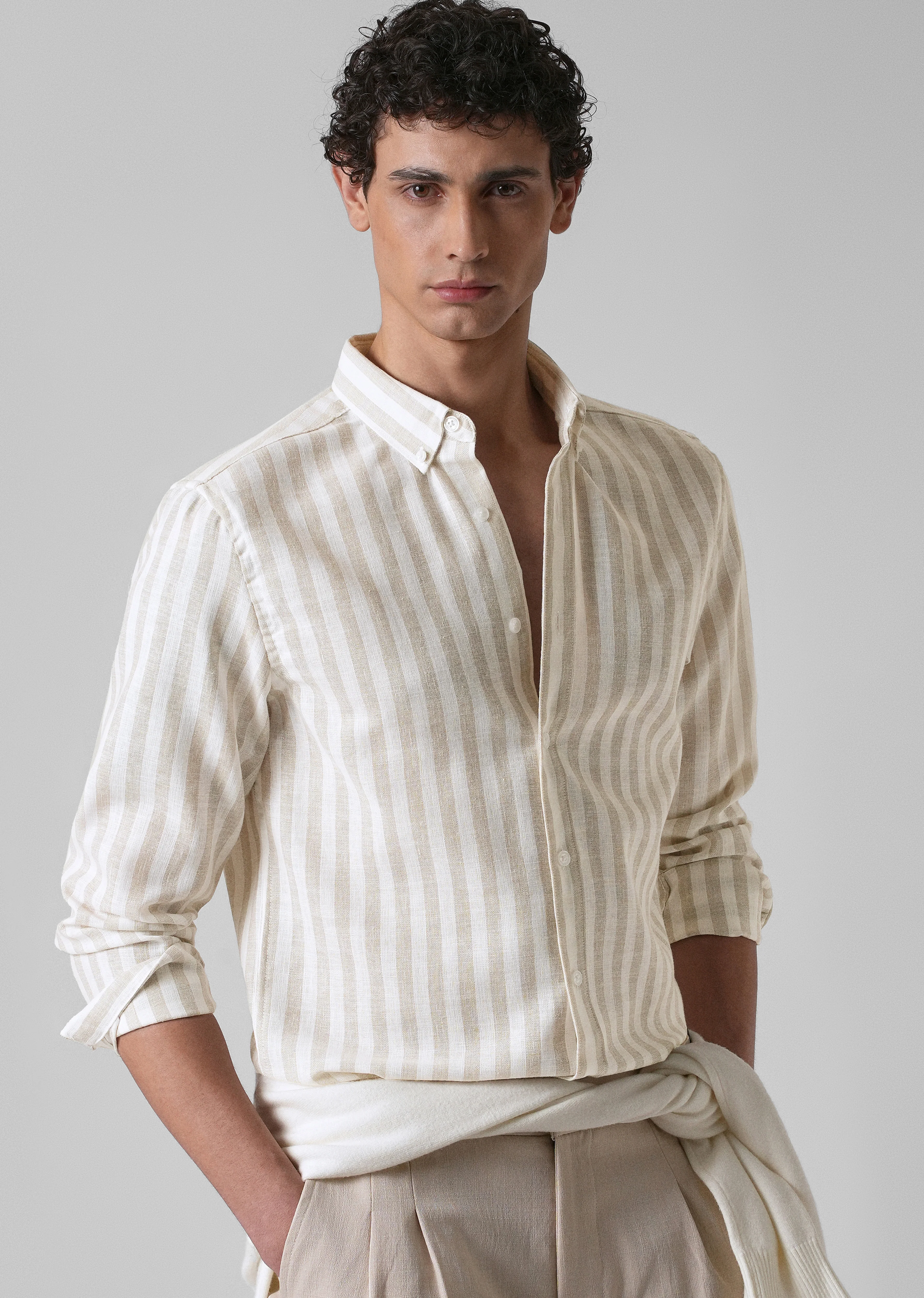 Classic Beige Stripe Blended Linen shirt - Image 7