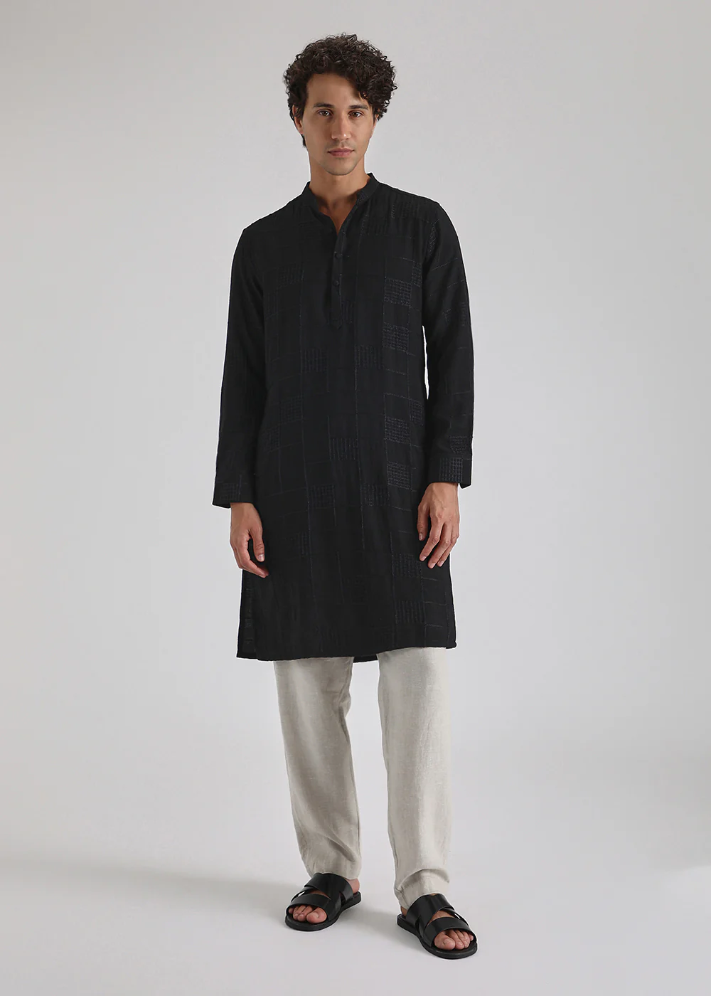 Coal Black Self Thread Embroidered Kurta - Image 3