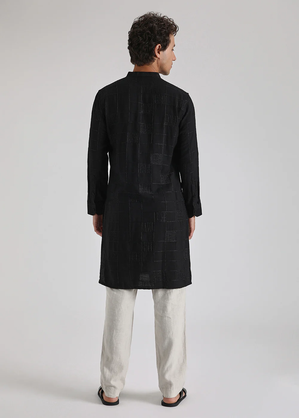 Coal Black Self Thread Embroidered Kurta - Image 4