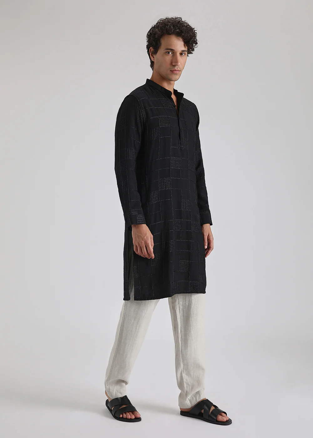 Coal Black Self Thread Embroidered Kurta - Image 5