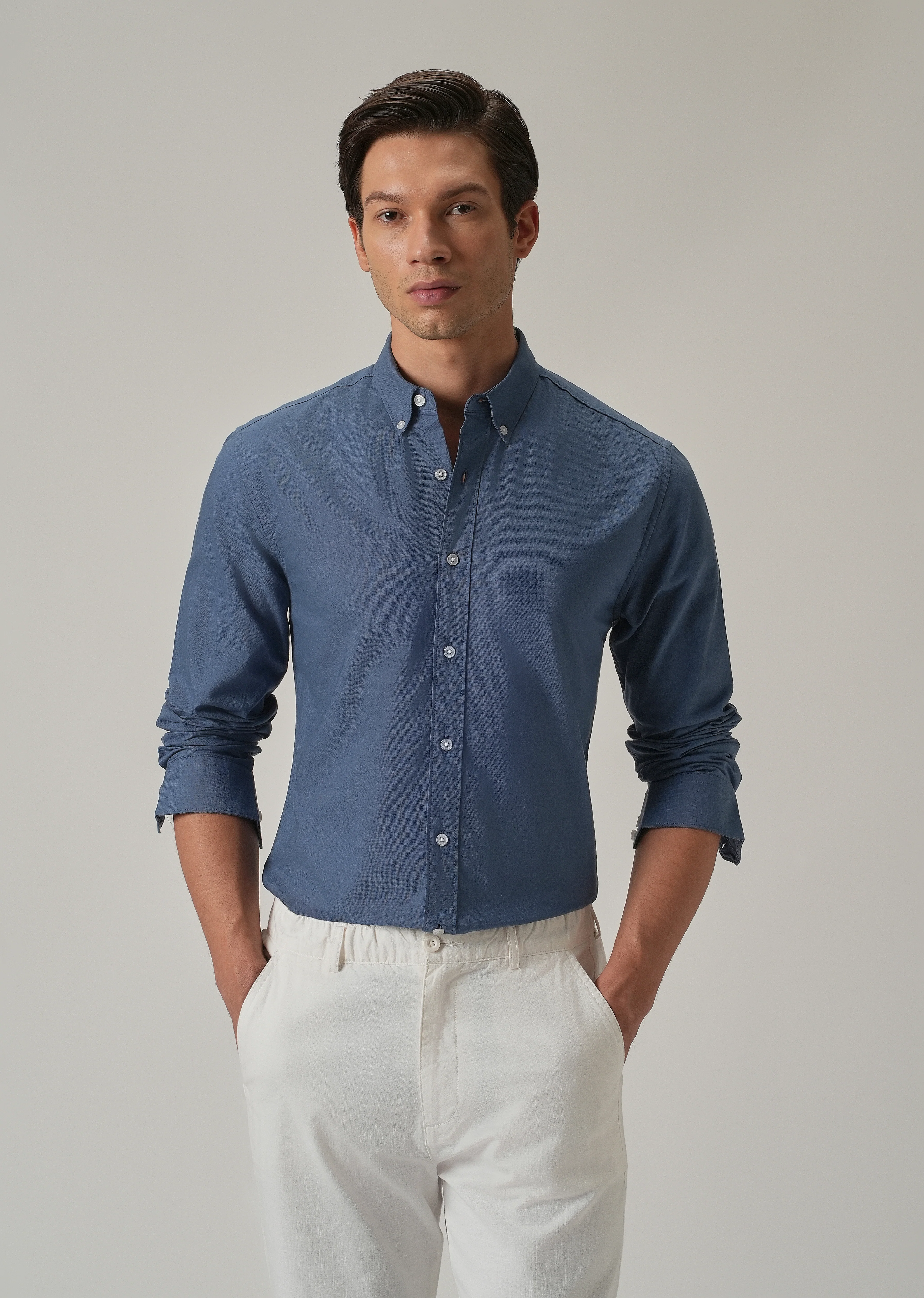 Cobalt Blue Plain Elbow Patch Oxford Shirt - Image 7