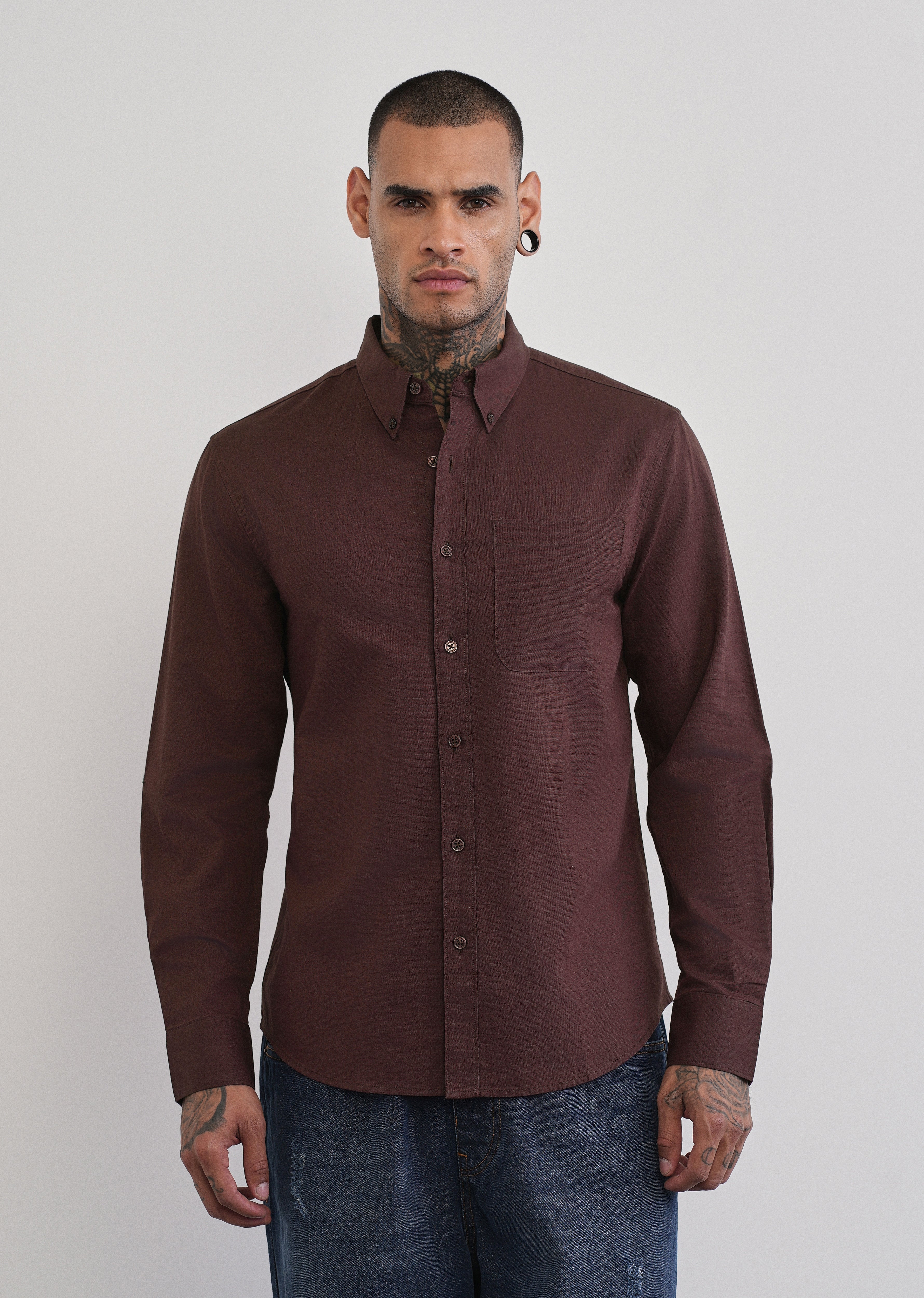 Coffee Brown Cotton Linen Plain Shirt - Image 3