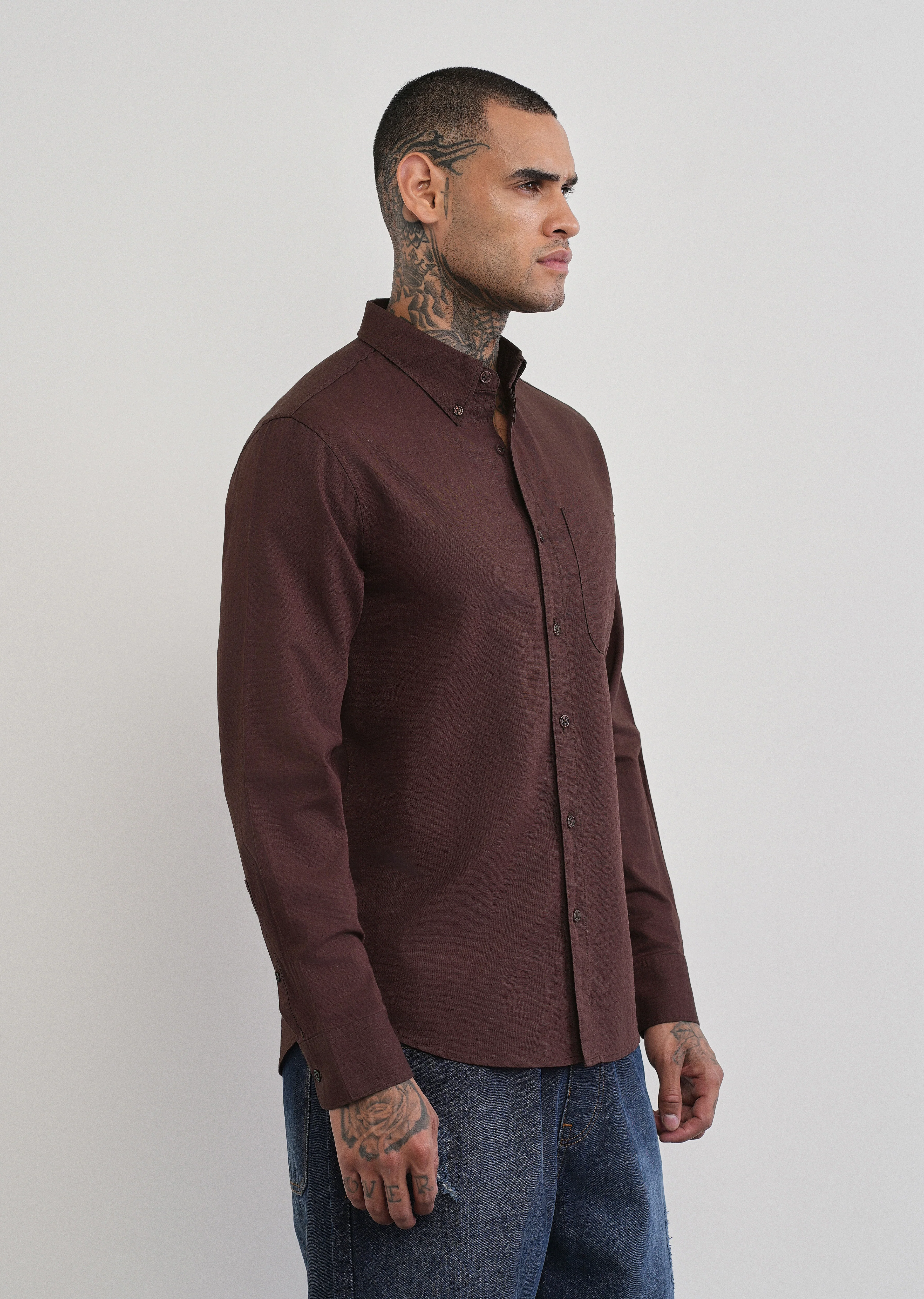 Coffee Brown Cotton Linen Plain Shirt - Image 4