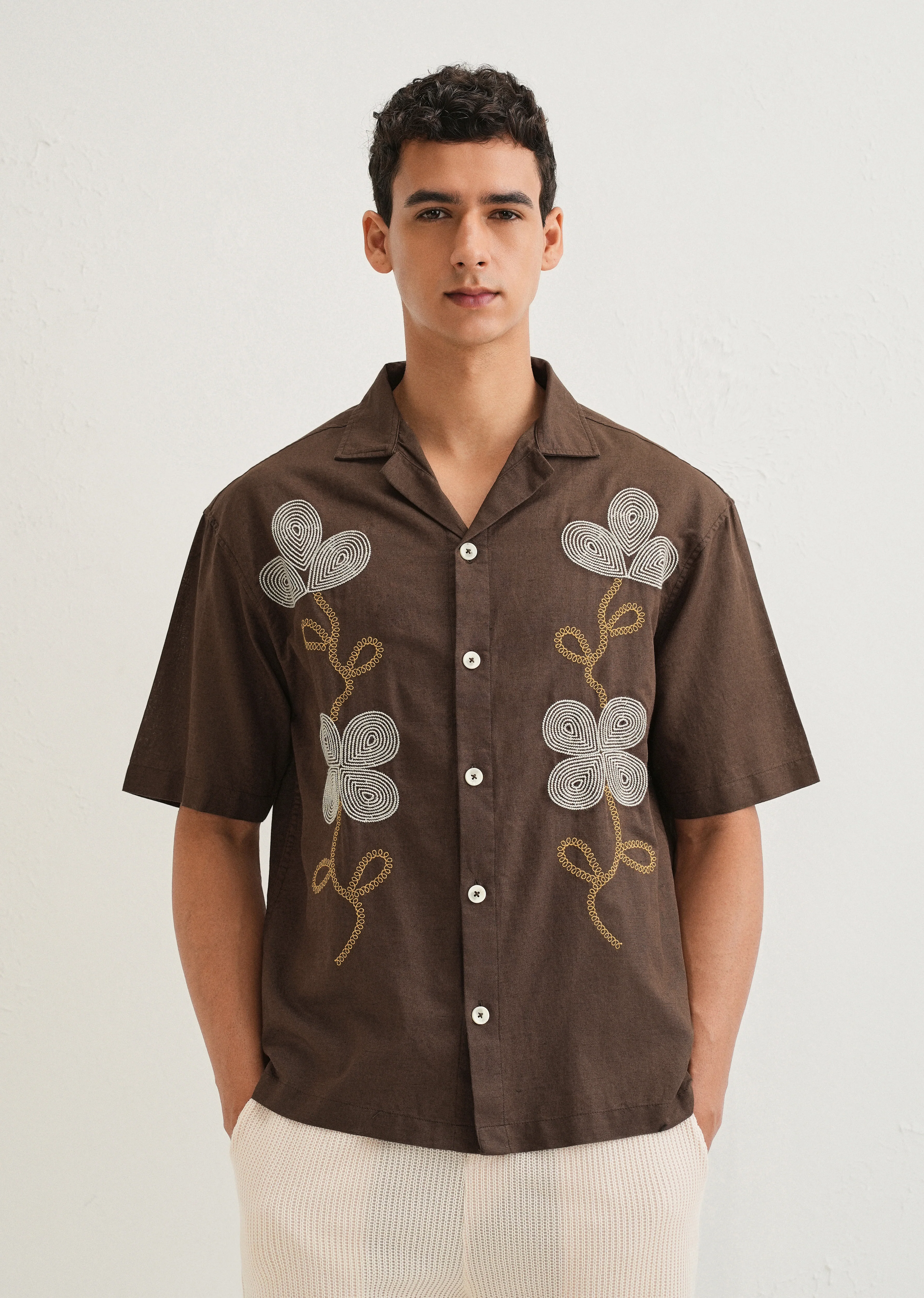 Coffee Brown Embroidery Cuban Collar Shirt - Image 3