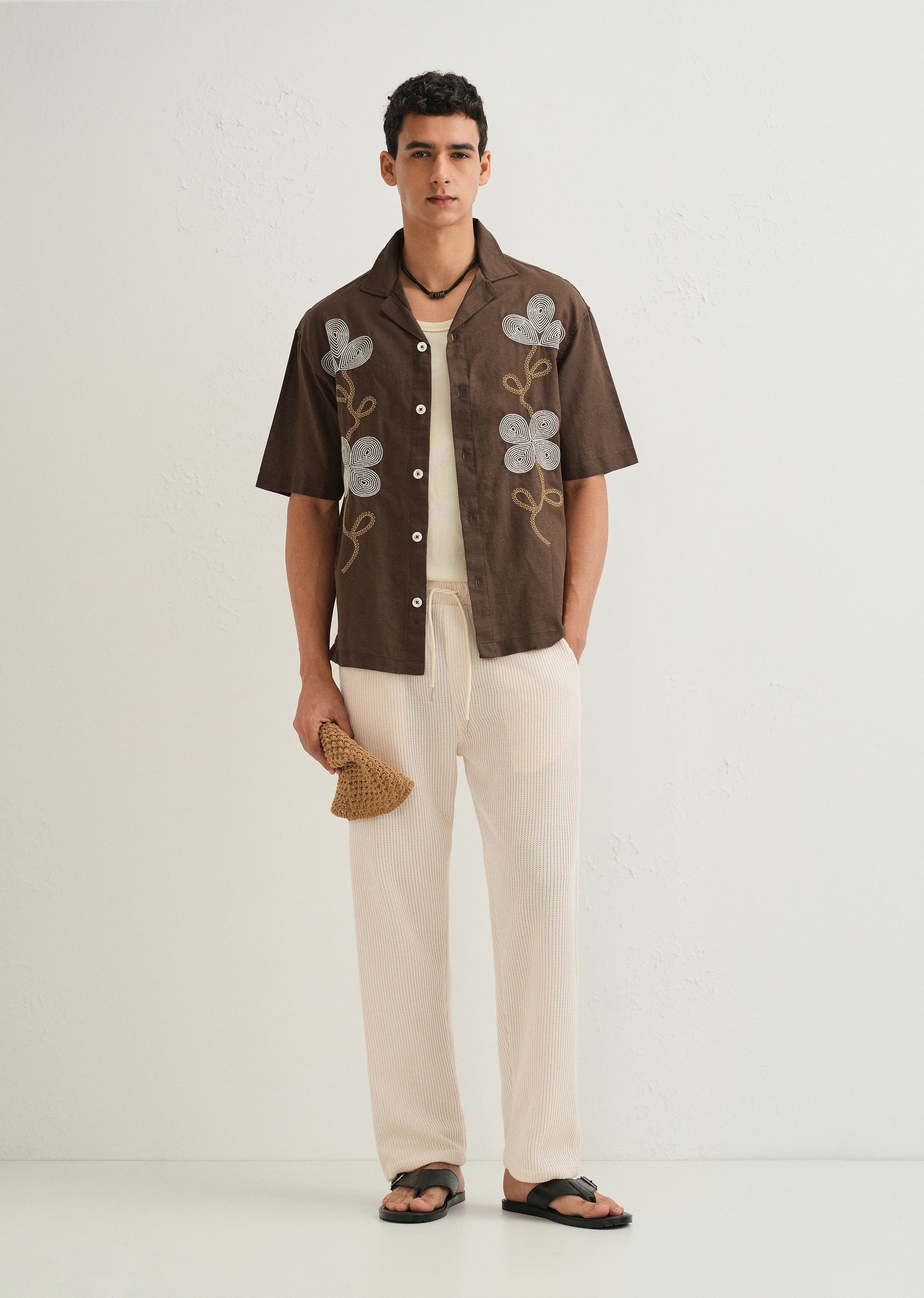 Coffee Brown Embroidery Cuban Collar Shirt - Image 6
