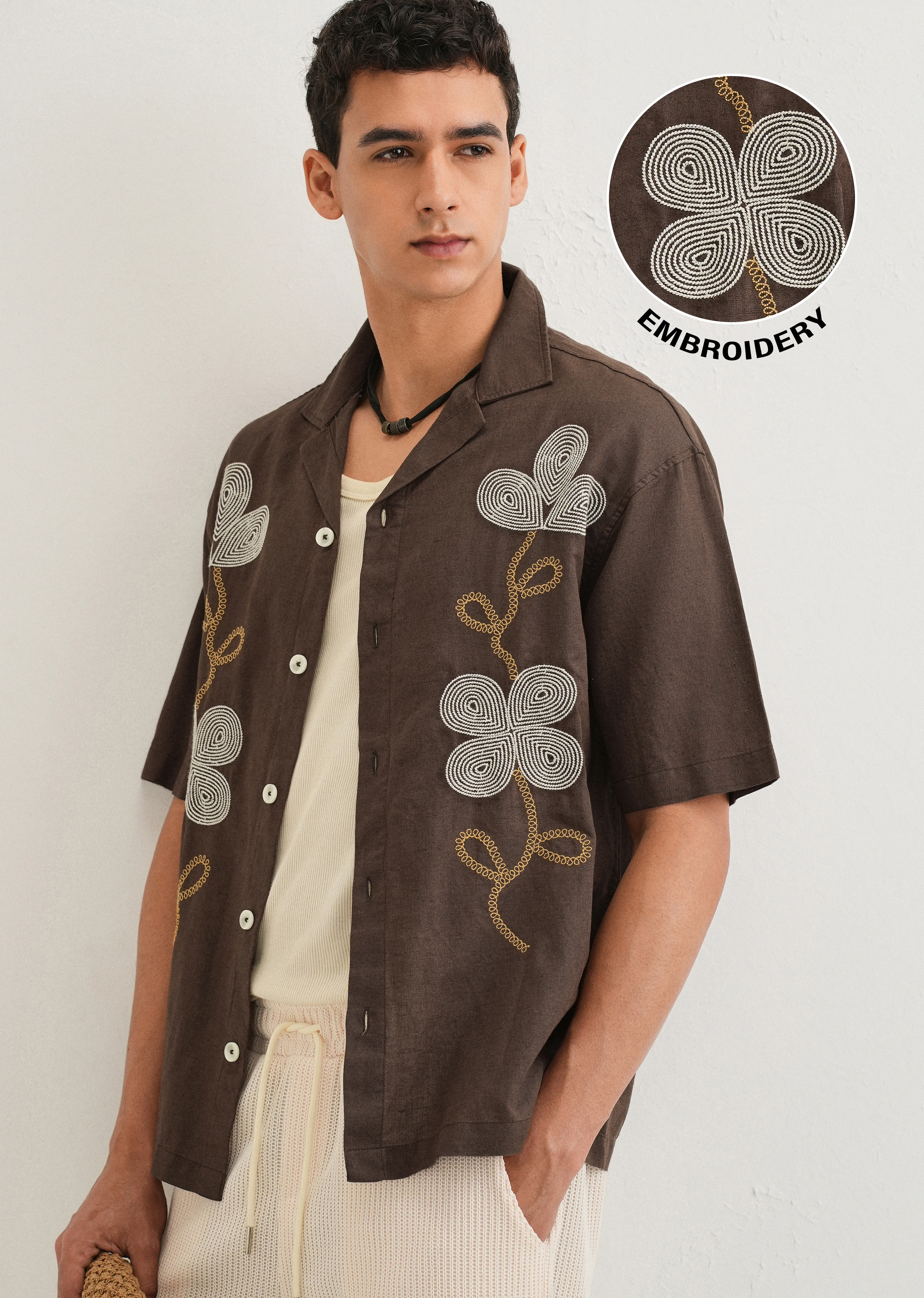 Coffee Brown Embroidery Cuban Collar Shirt - Image 7