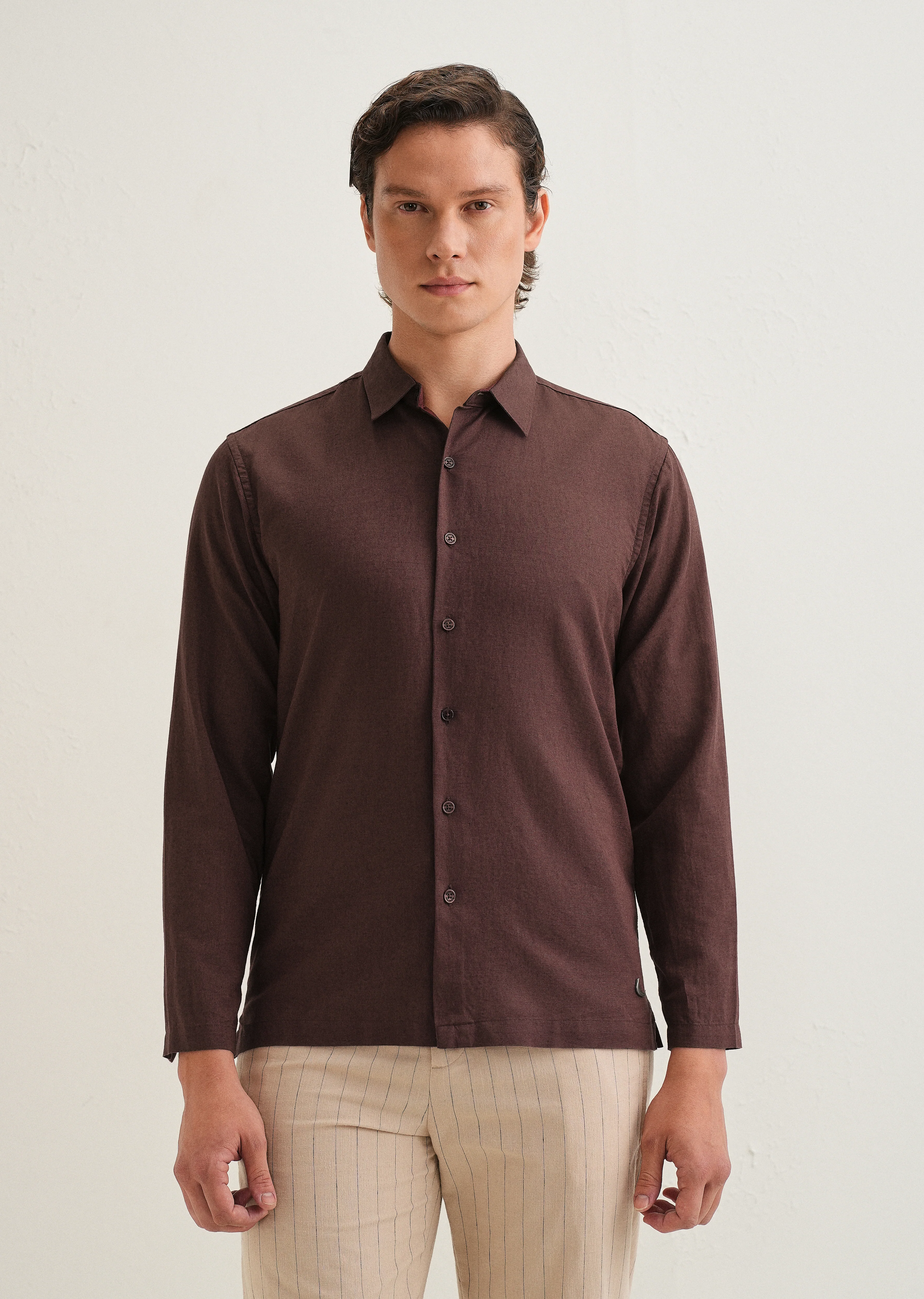 Coffee Brown Hidden Sleeve Placket Cotton Linen Shirt - Image 3