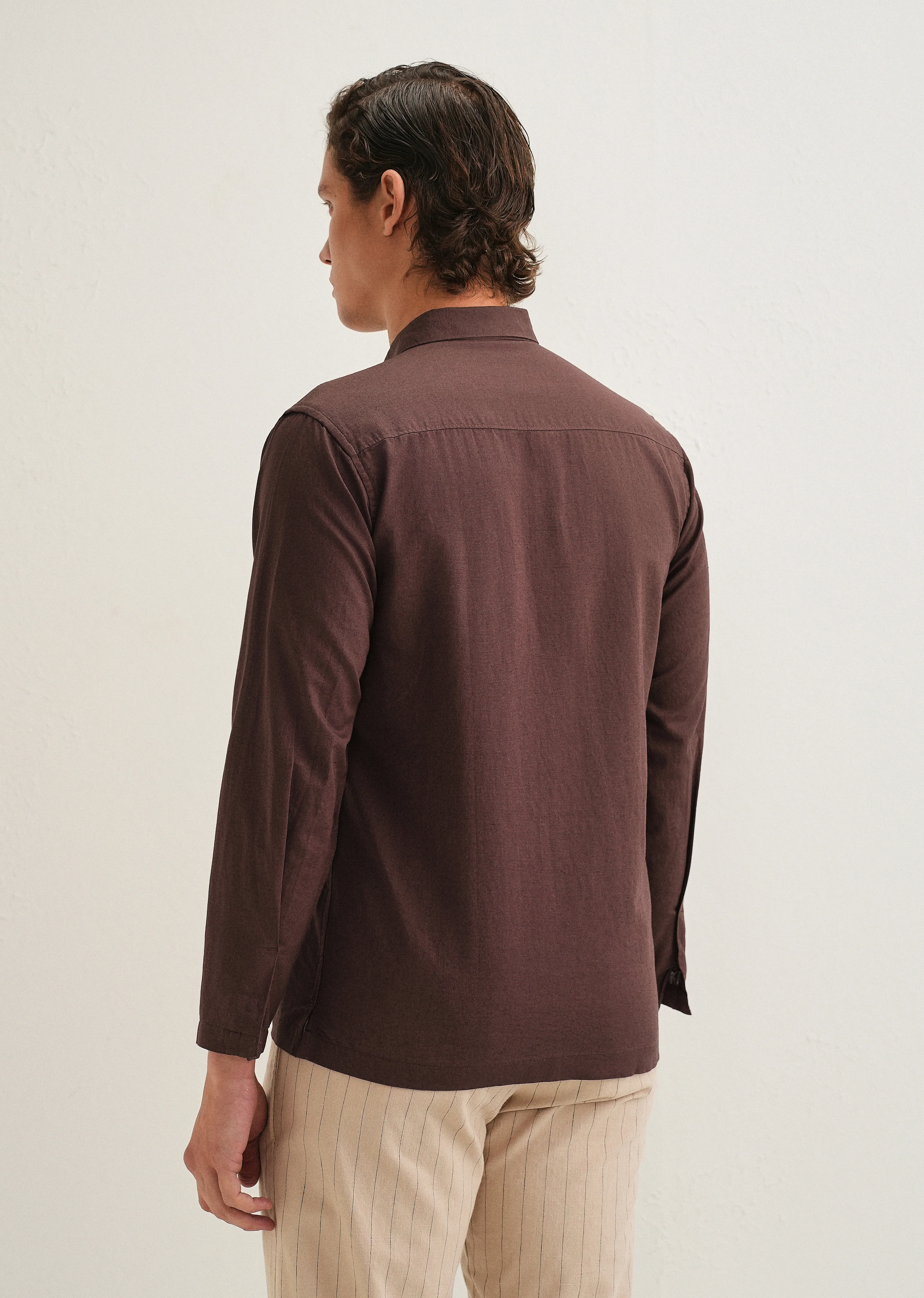 Coffee Brown Hidden Sleeve Placket Cotton Linen Shirt - Image 4