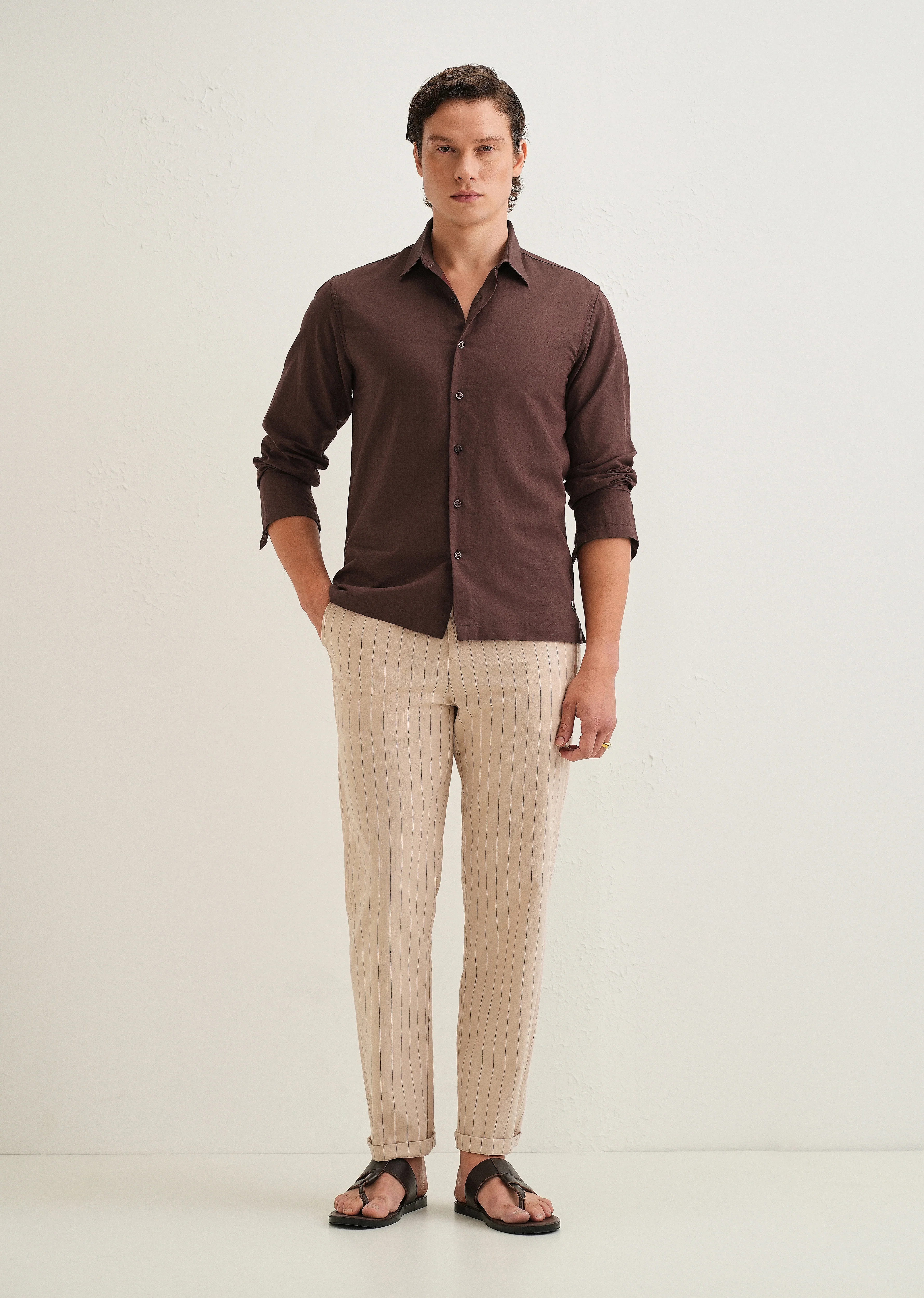 Coffee Brown Hidden Sleeve Placket Cotton Linen Shirt - Image 8