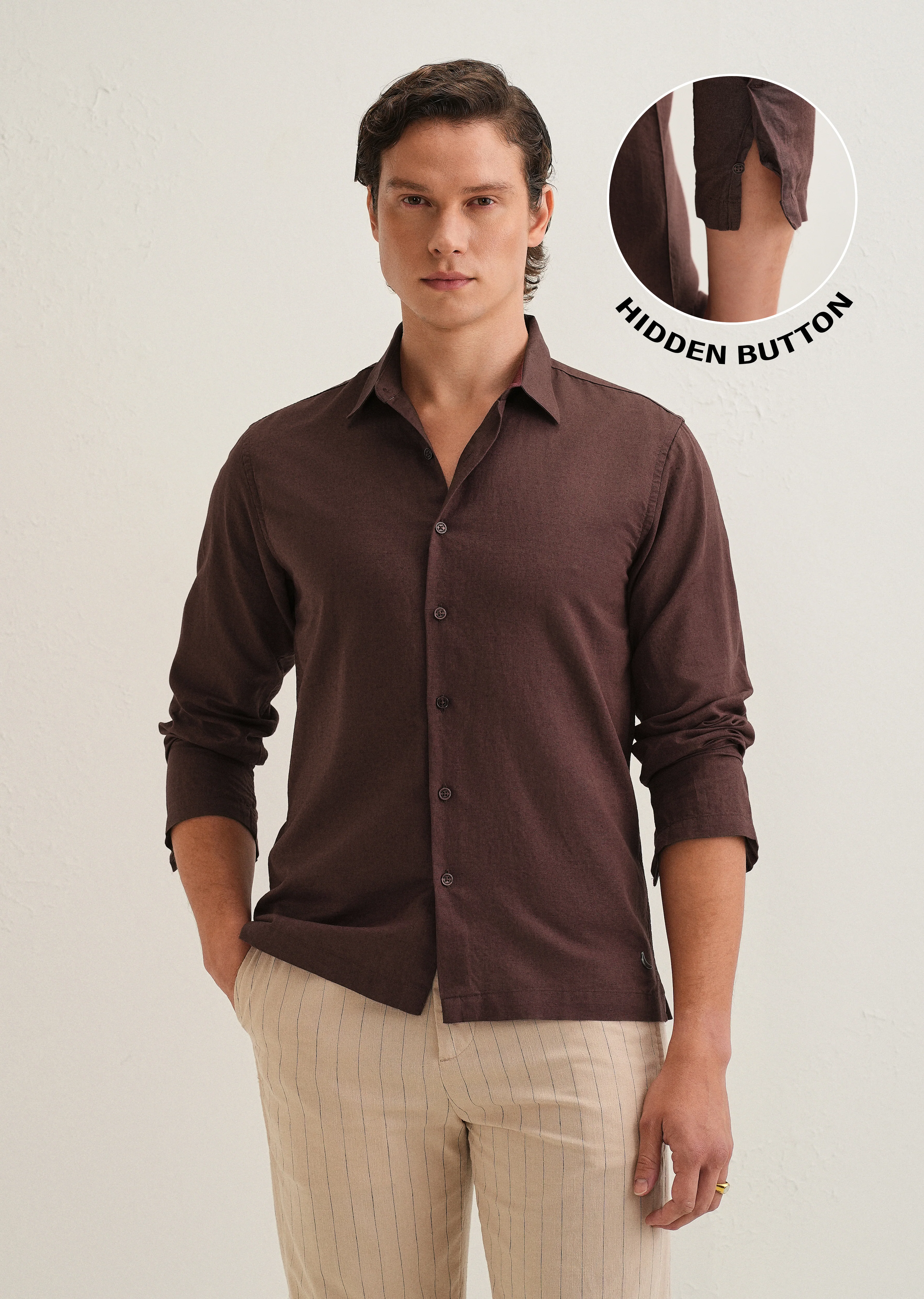 Coffee Brown Hidden Sleeve Placket Cotton Linen Shirt - Image 9