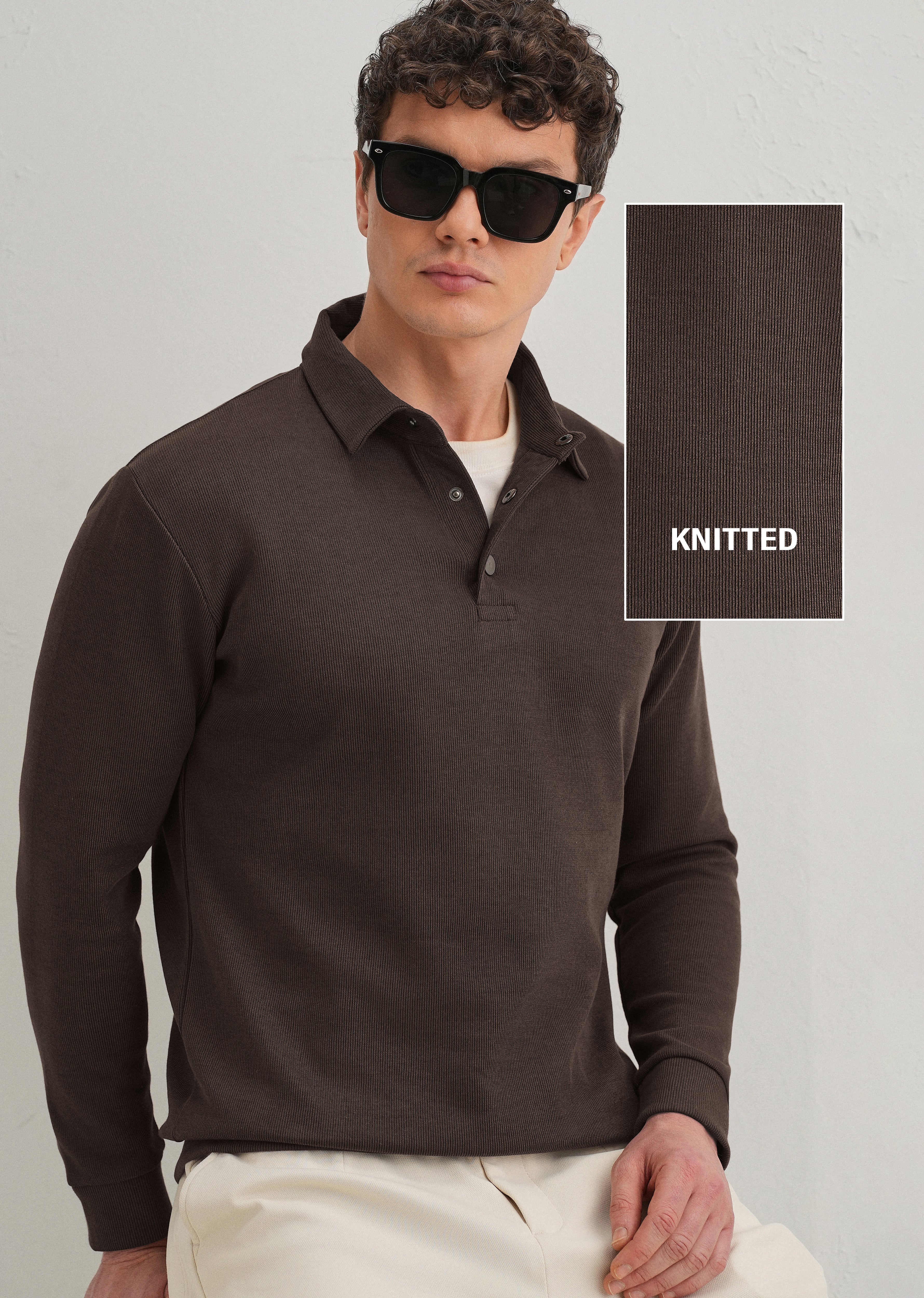 Coffee Brown Knitted Polo Sweatshirt - Image 7