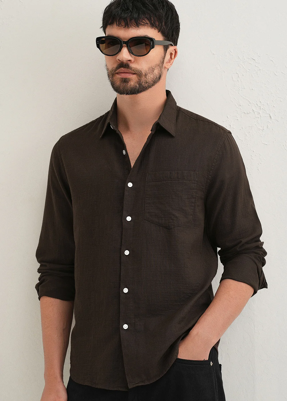 Coffee Brown Double Cloth Cotton Shirt - Image 7