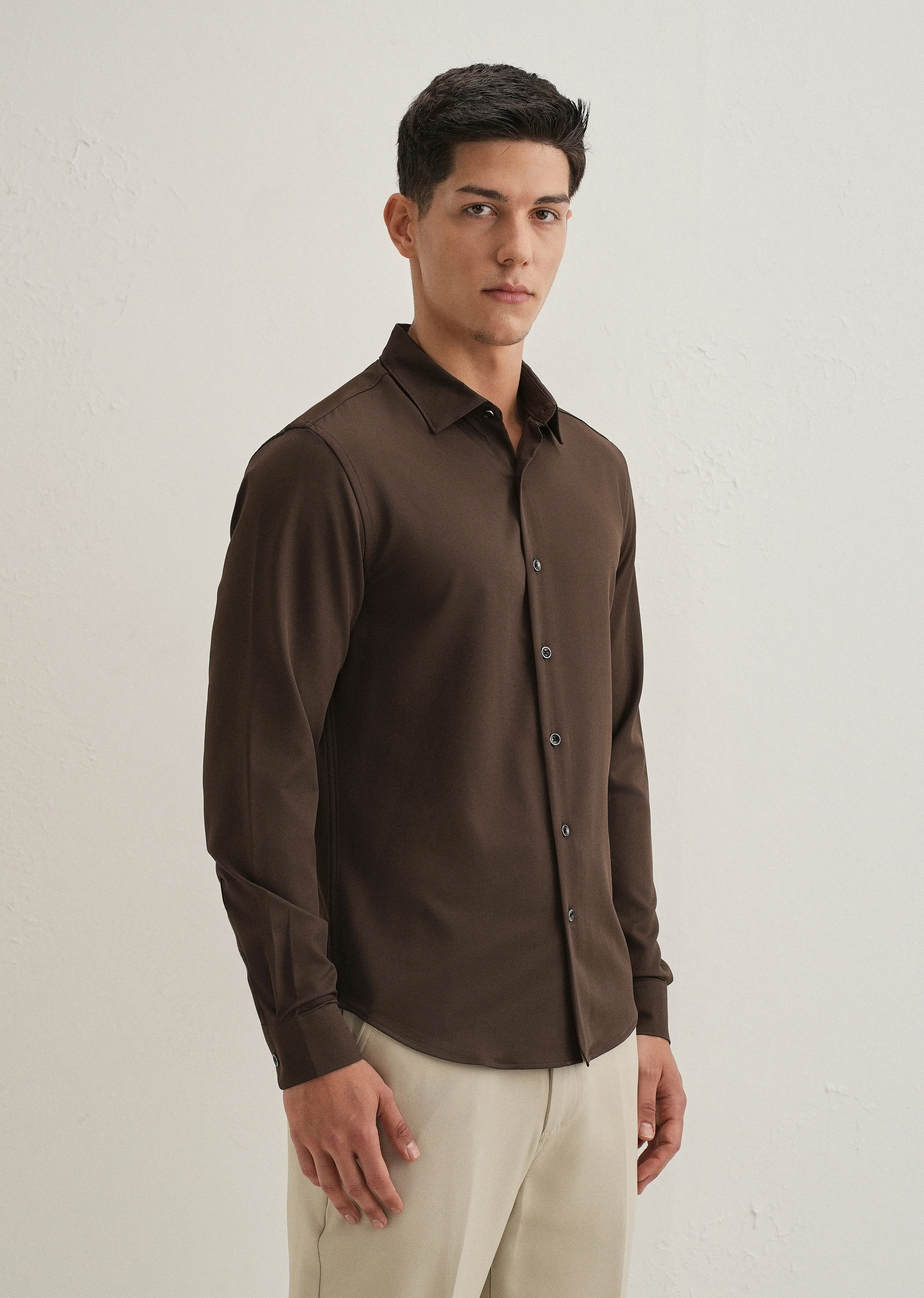 Coffee Brown Wrinkle Free Plain Shirt - Image 4