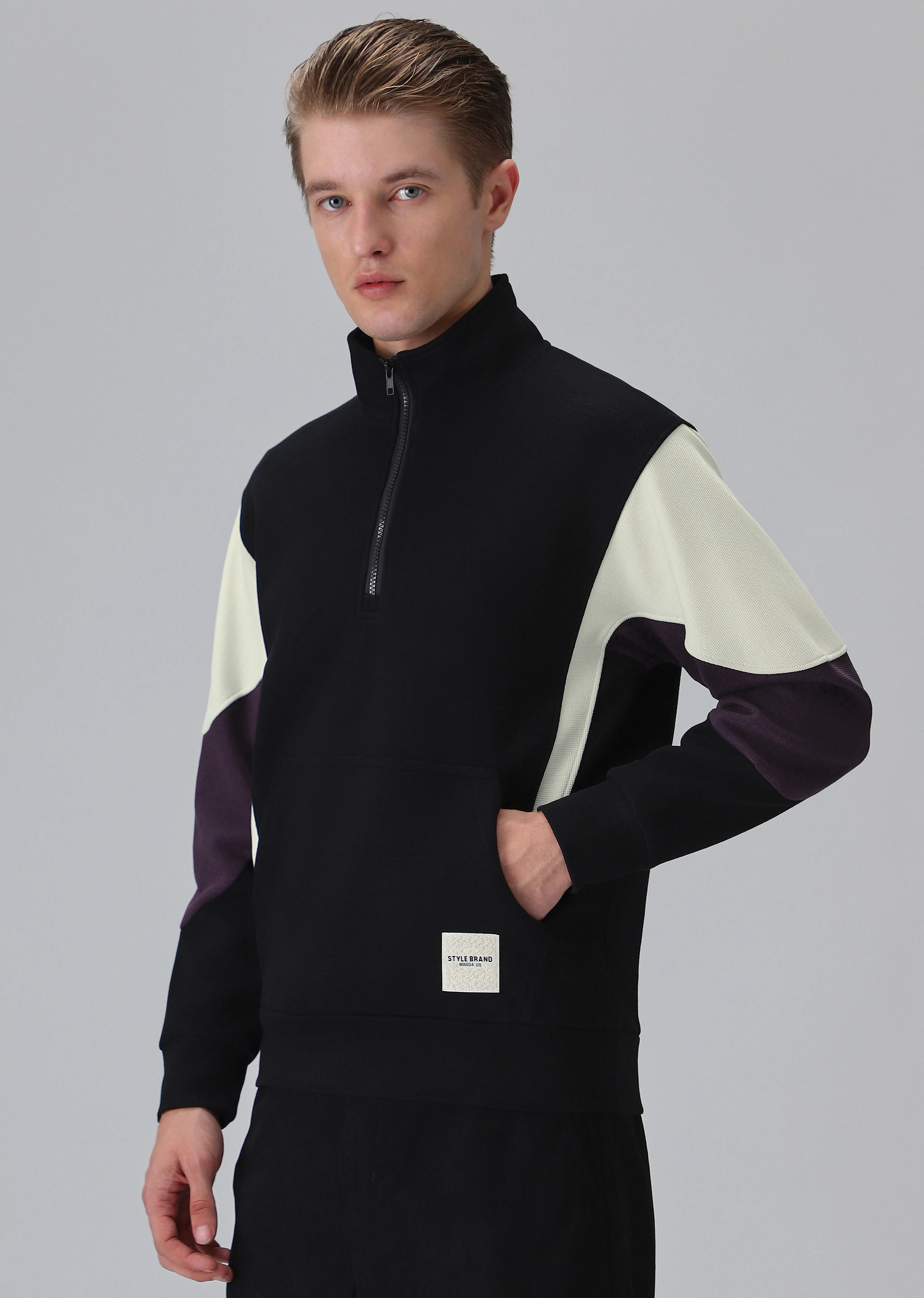 Colour Block Zip Black Sweatshirt - Image 4