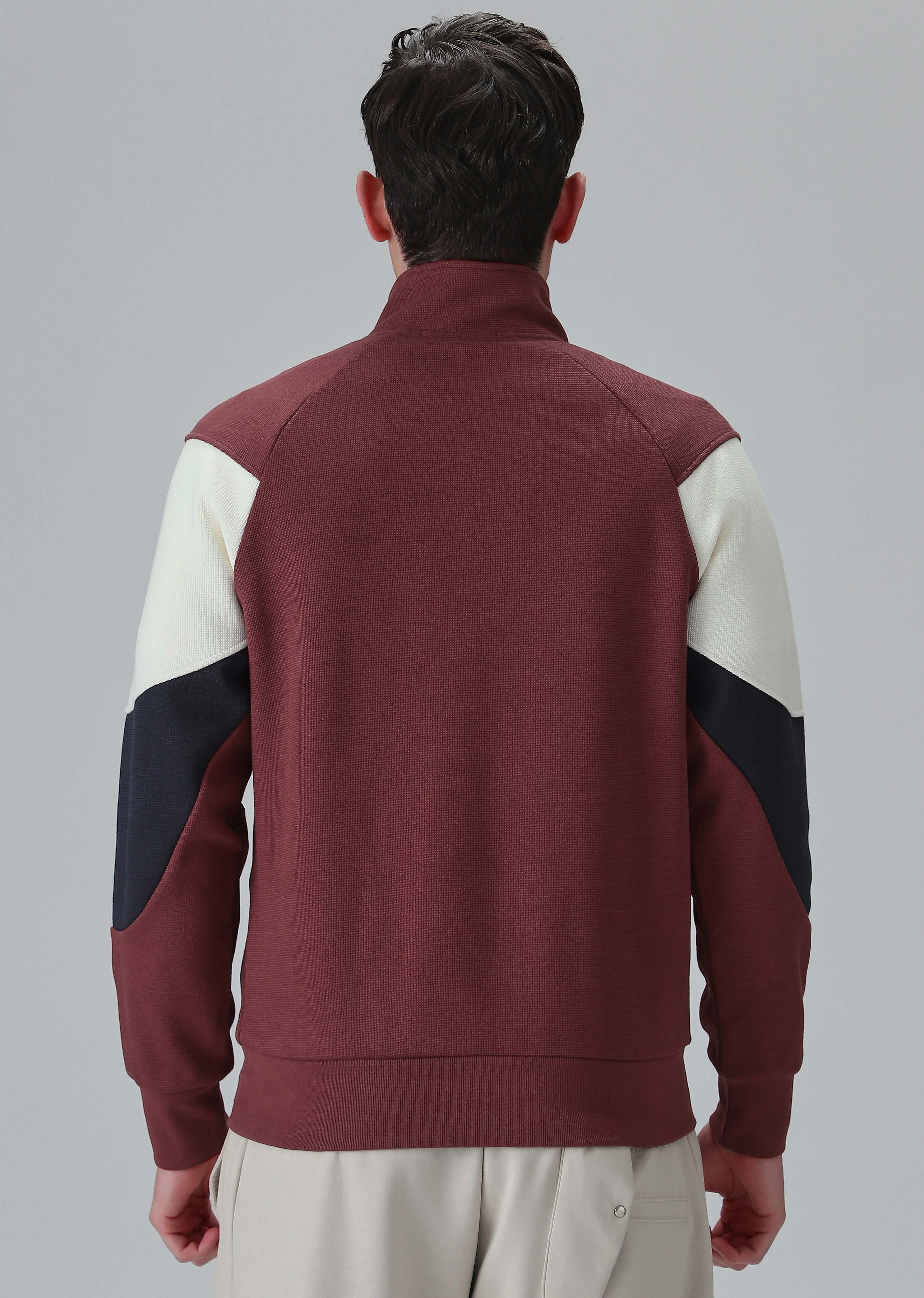 Colour Block Zip Maroon Sweatshirt - Image 3