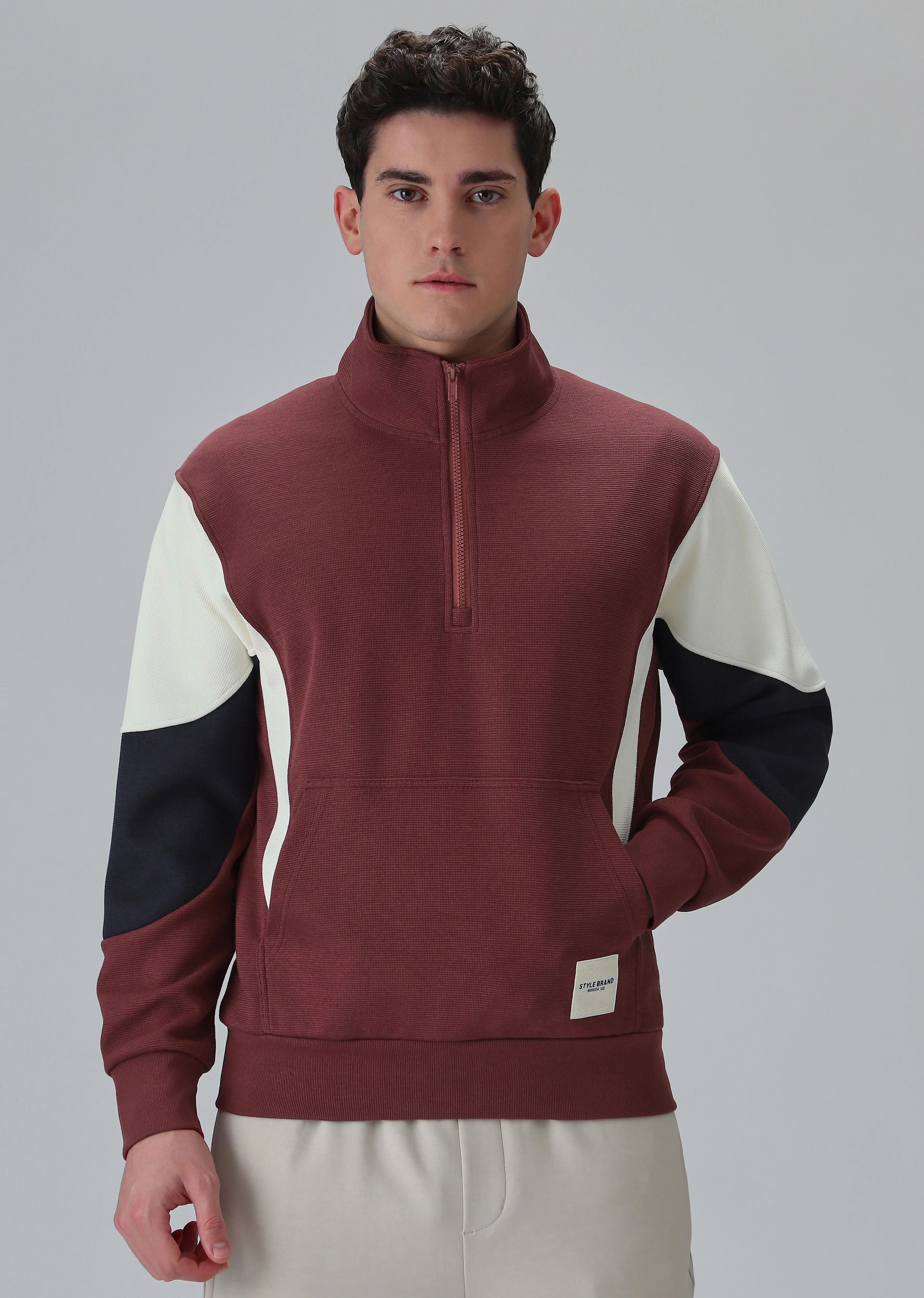 Colour Block Zip Maroon Sweatshirt - Image 4
