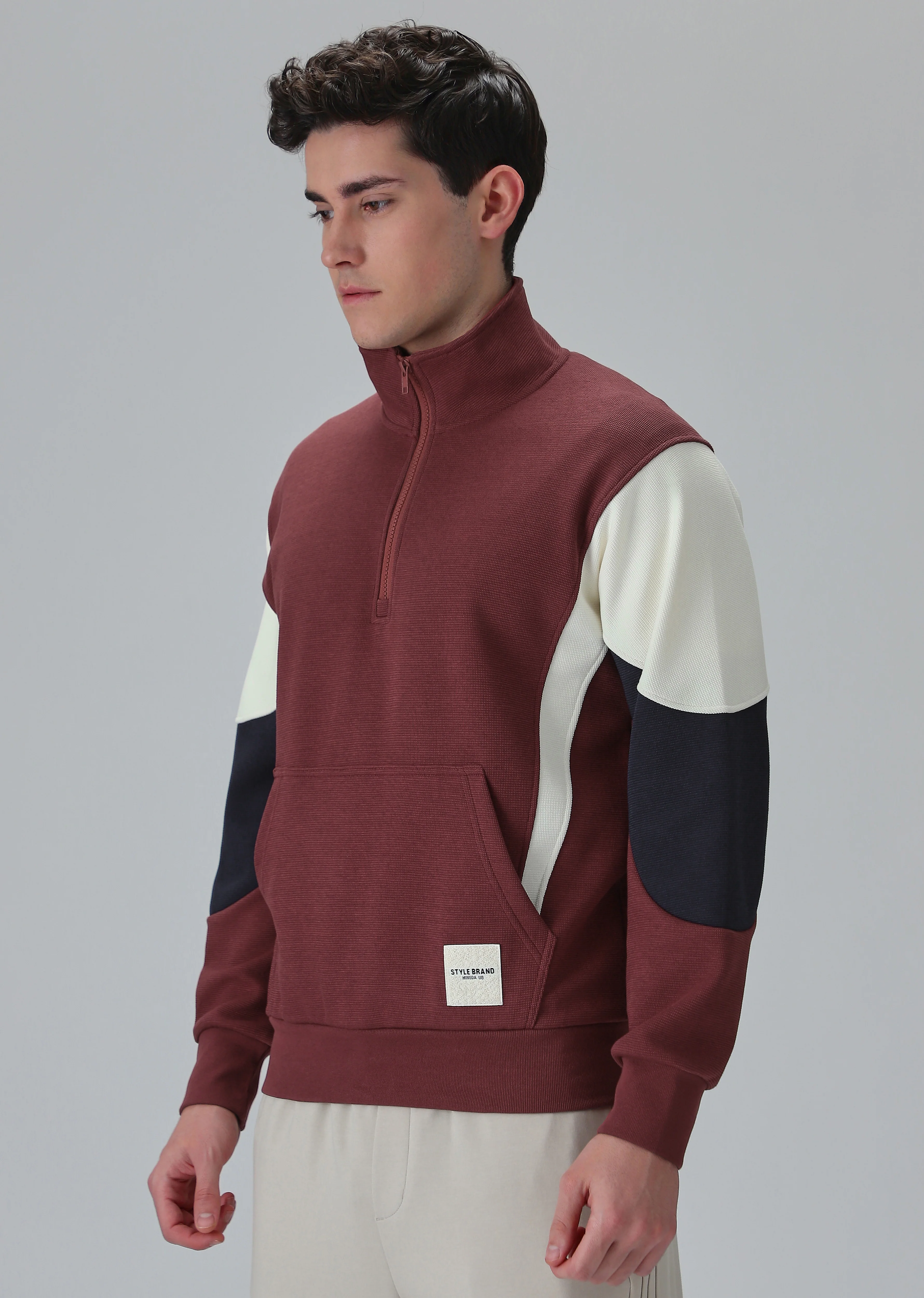 Colour Block Zip Maroon Sweatshirt - Image 5