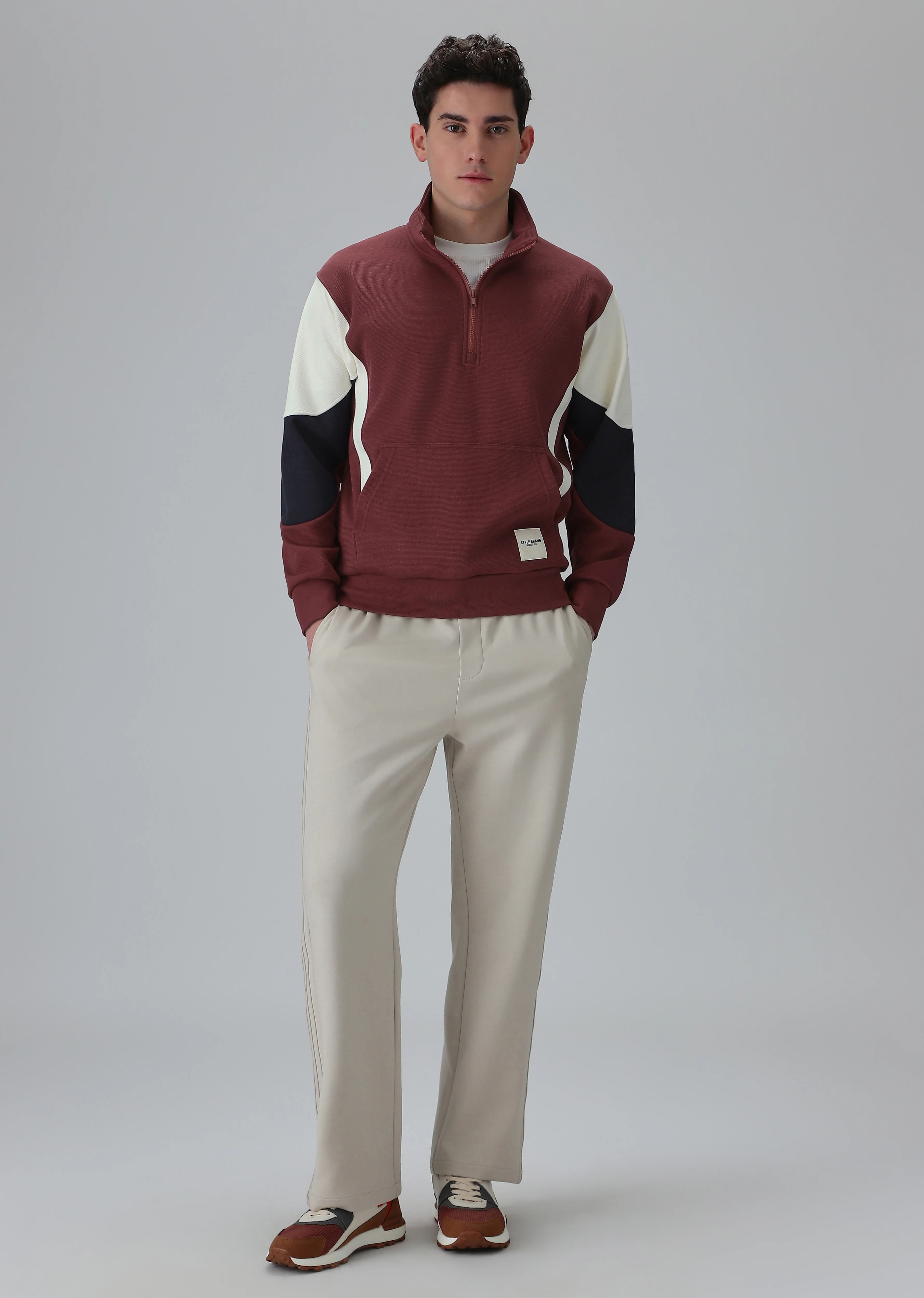 Colour Block Zip Maroon Sweatshirt - Image 7