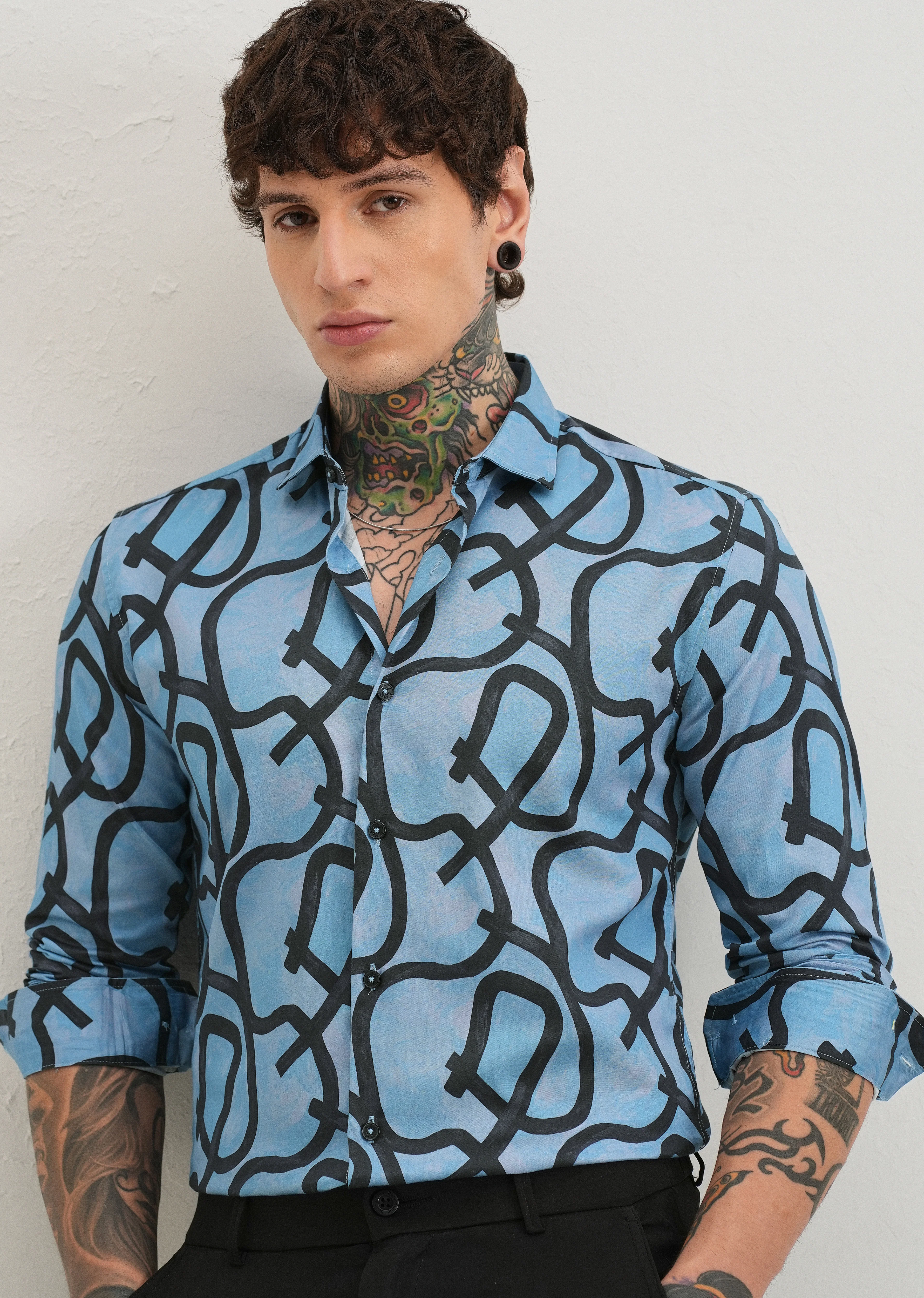 Contour Lines Blue Printed Shirt - Image 7