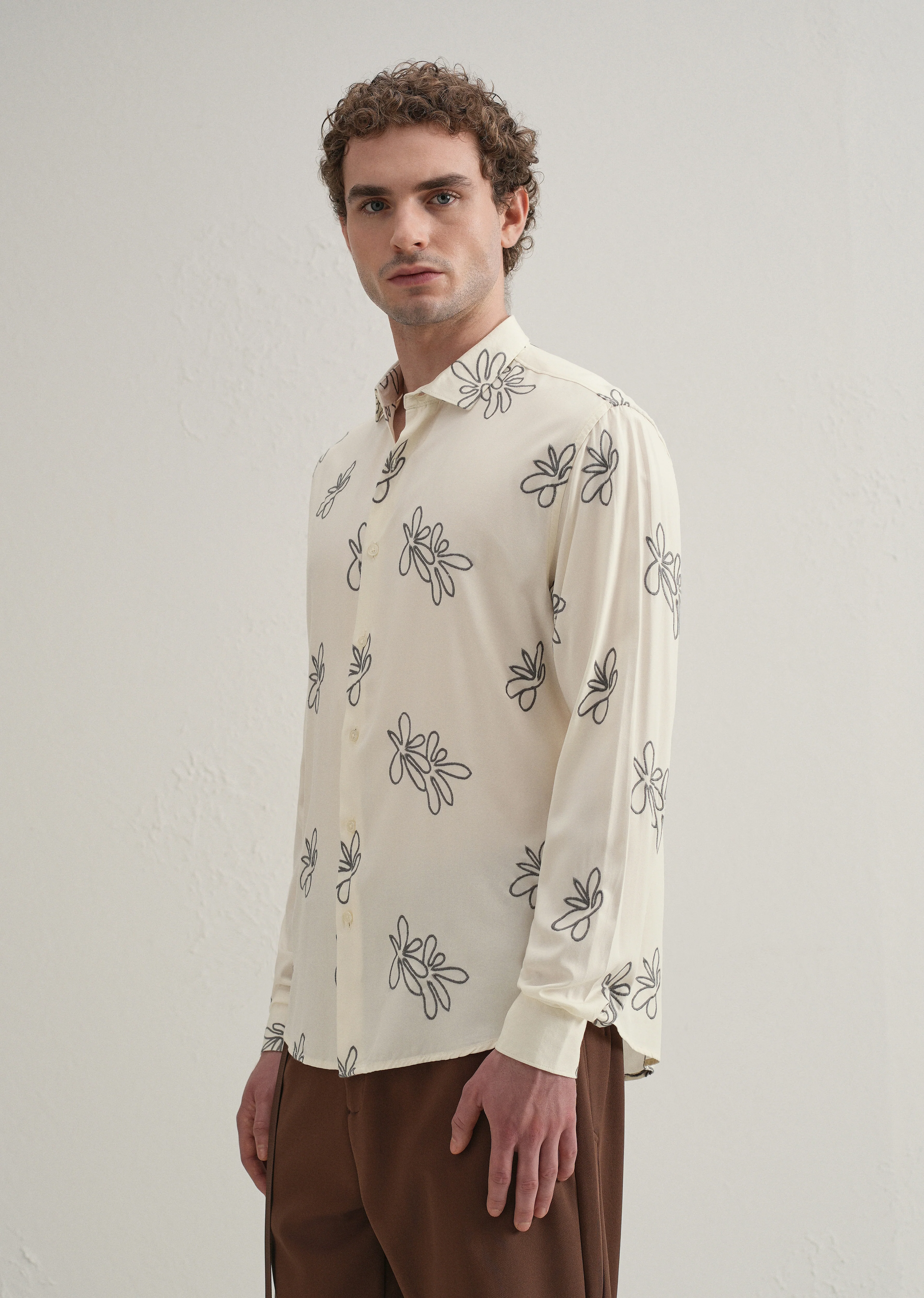 Cream Abstract Floral Embroidery Shirt - Image 5