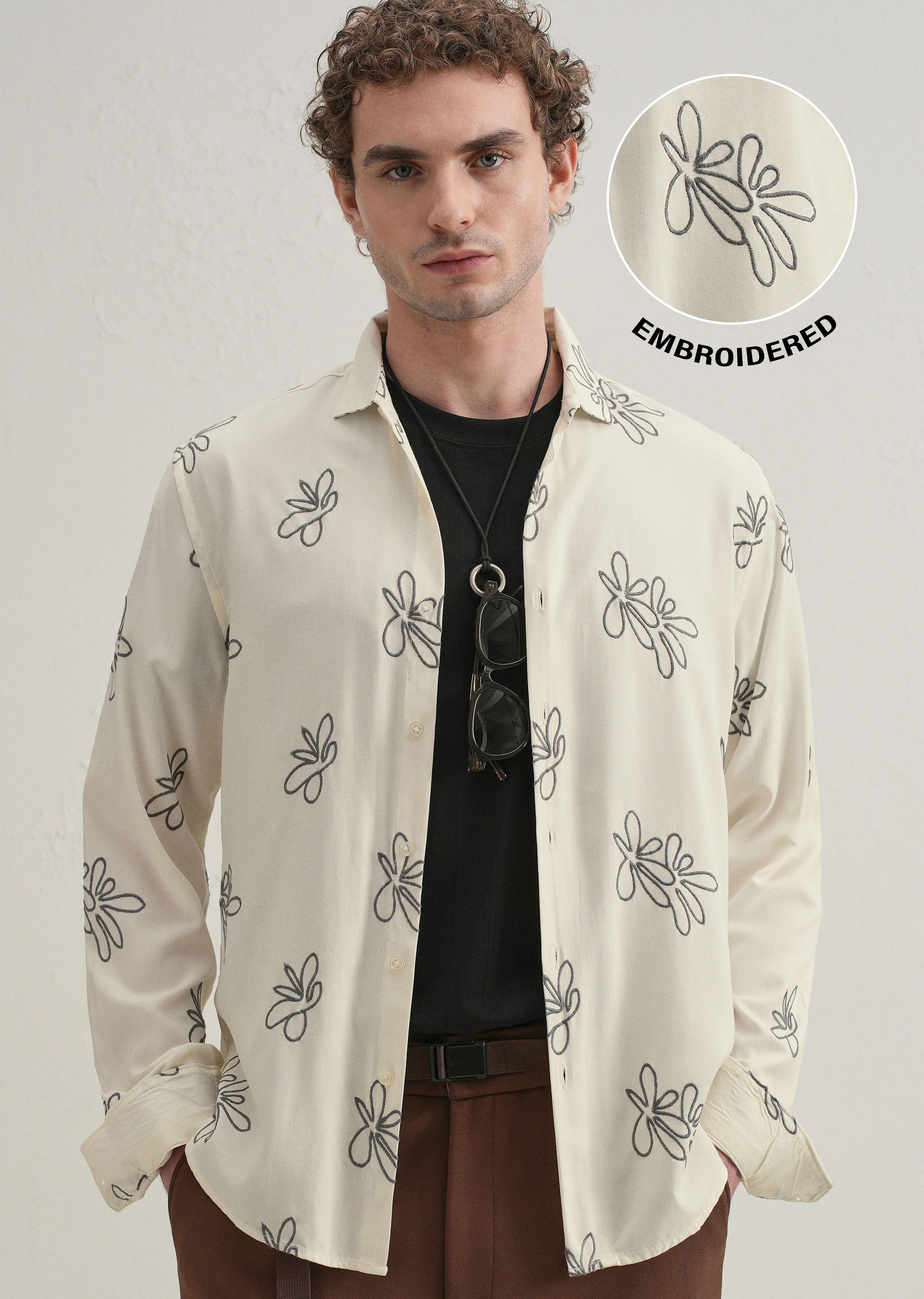 Cream Abstract Floral Embroidery Shirt - Image 7