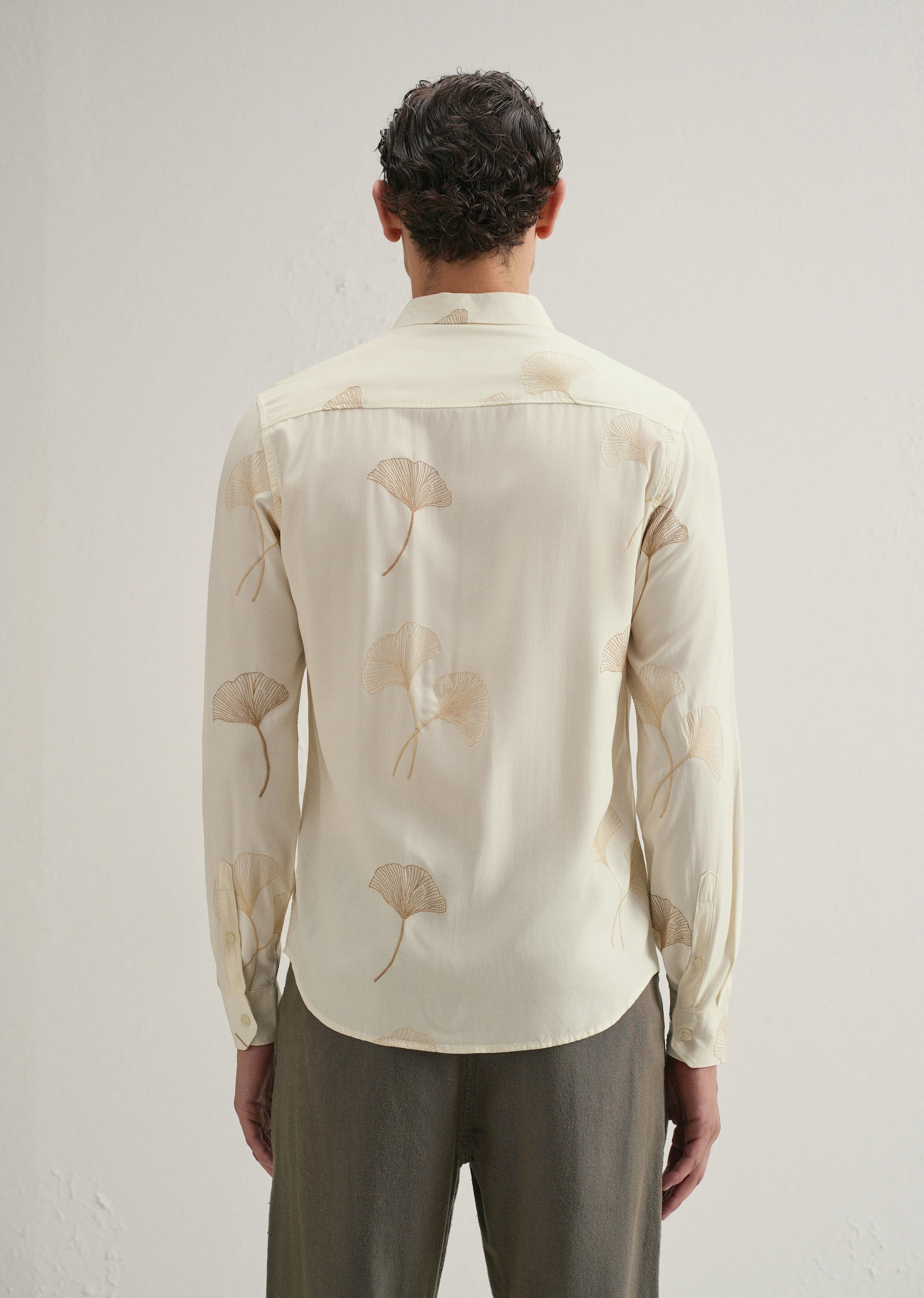 Cream Abstract Leaf Embroidery Shirt - Image 3