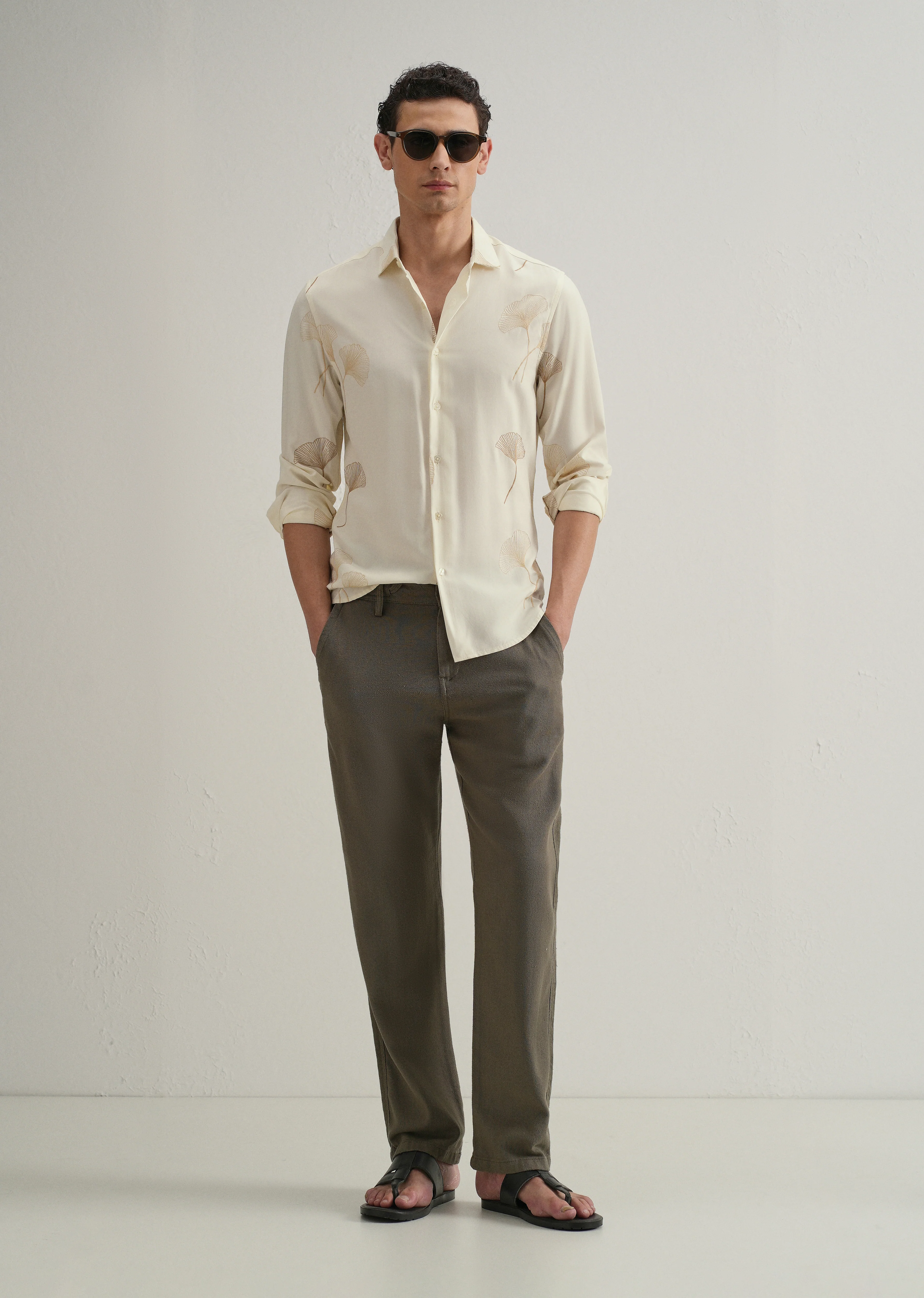 Cream Abstract Leaf Embroidery Shirt - Image 6