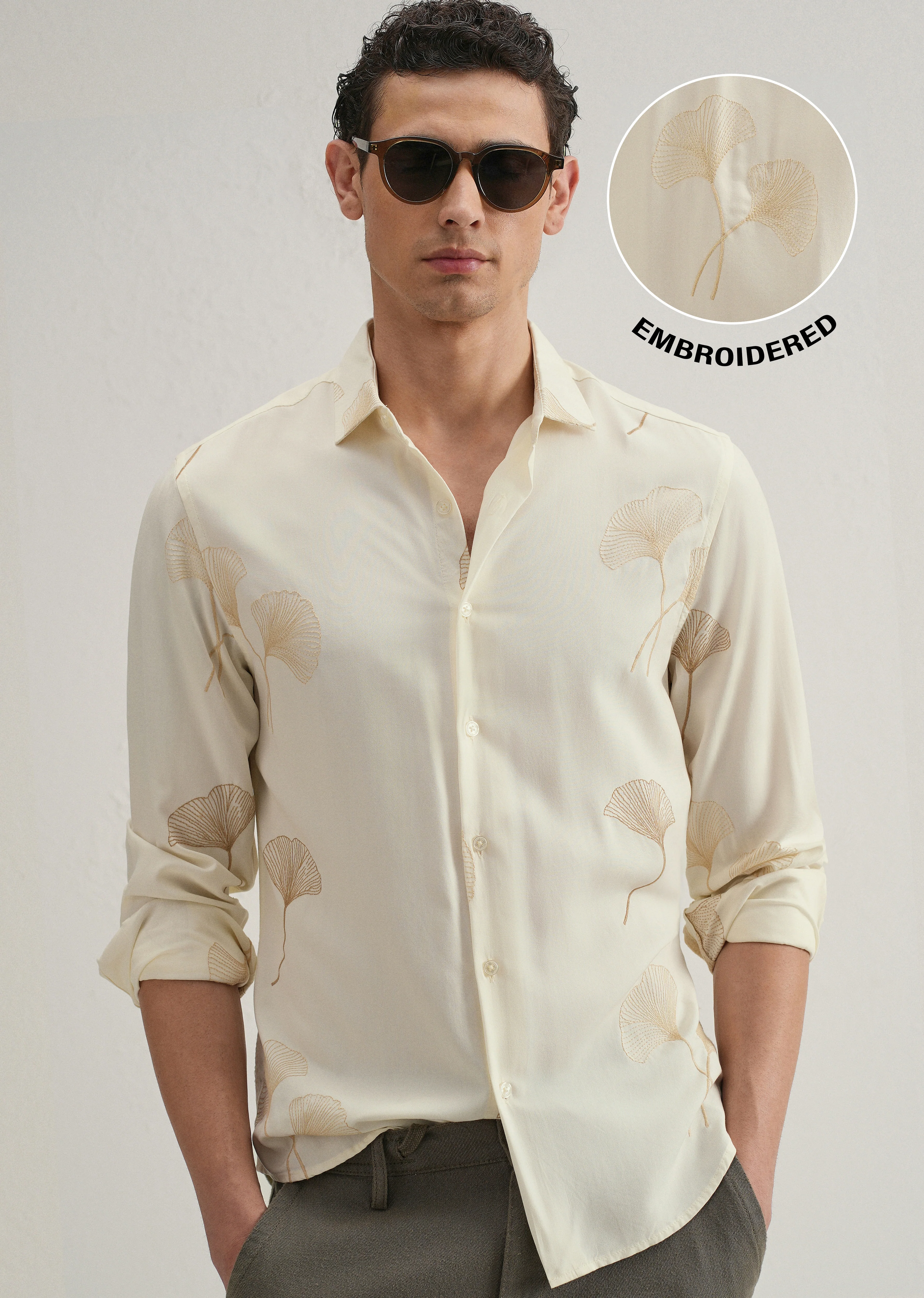 Cream Abstract Leaf Embroidery Shirt - Image 7