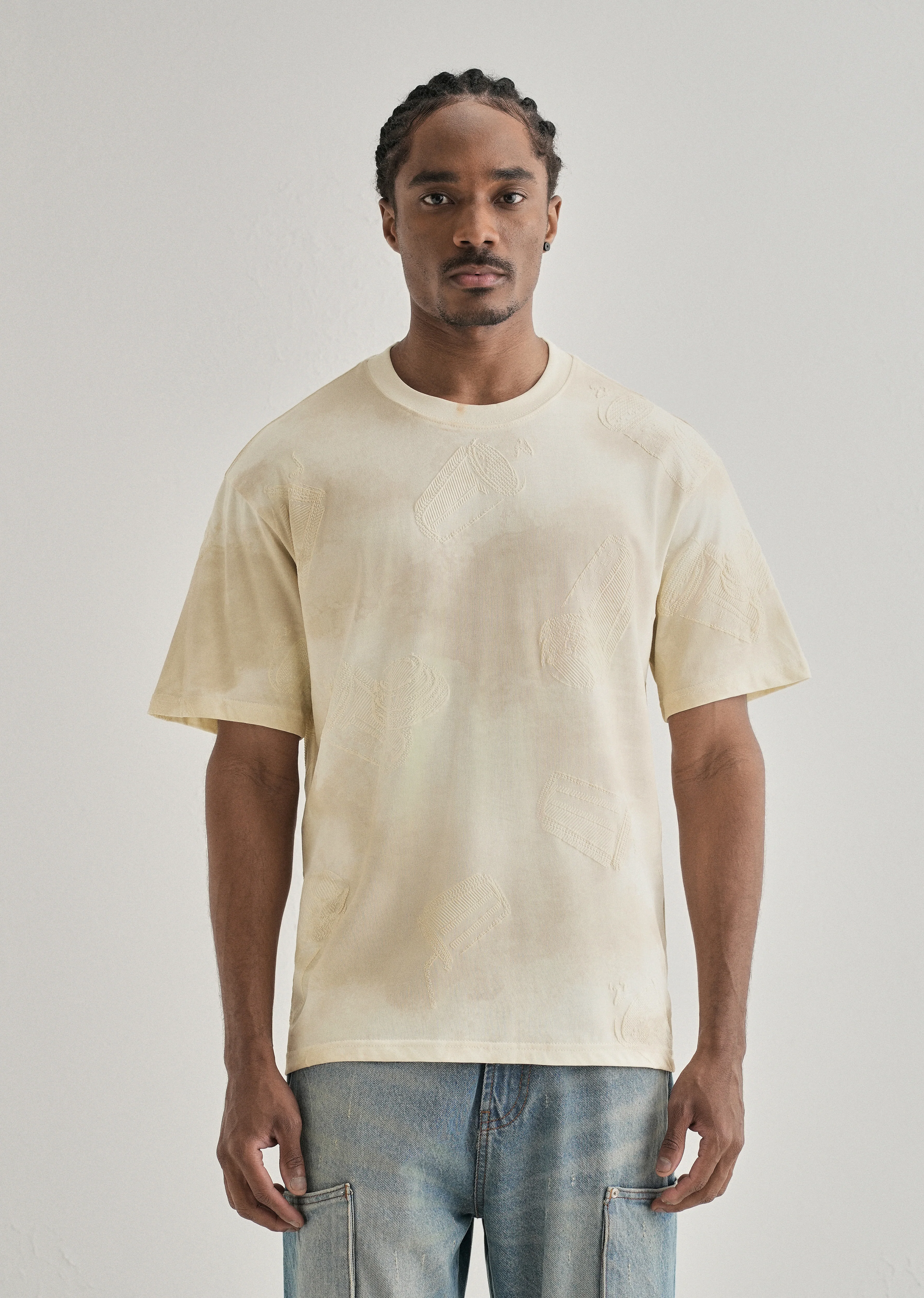 Cream Beige Printed Oversized T-shirt - Image 3