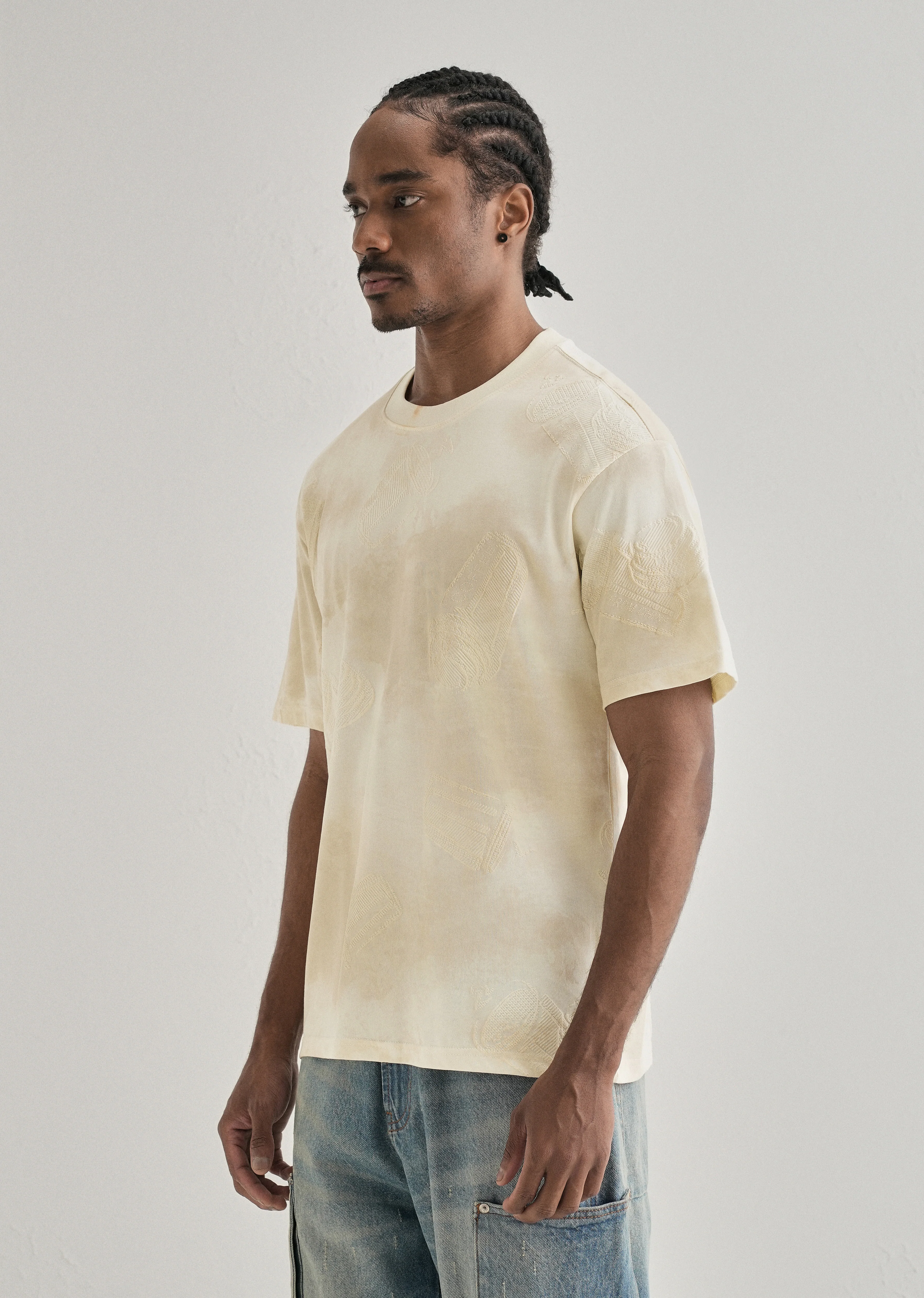 Cream Beige Printed Oversized T-shirt - Image 4