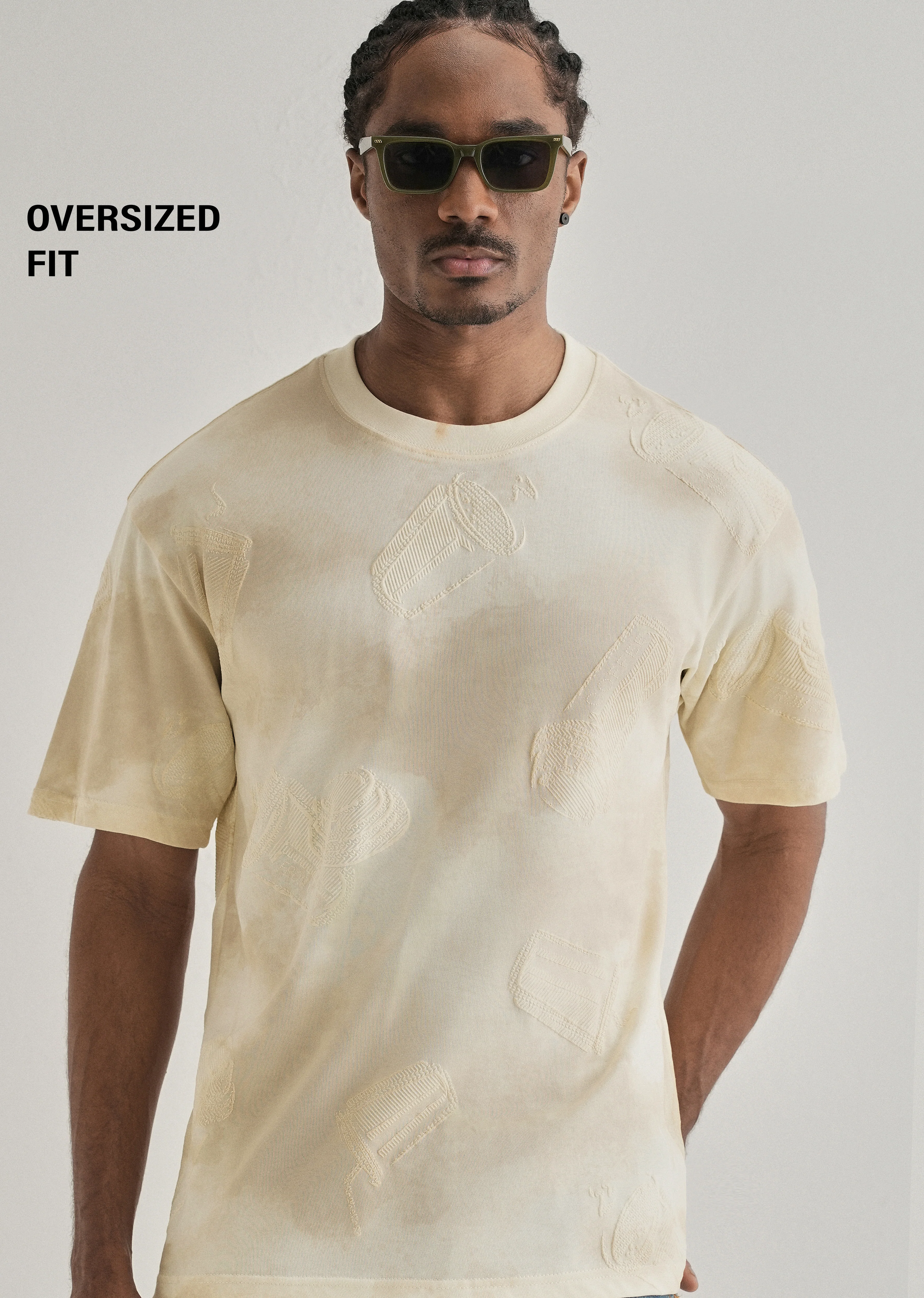 Cream Beige Printed Oversized T-shirt - Image 7