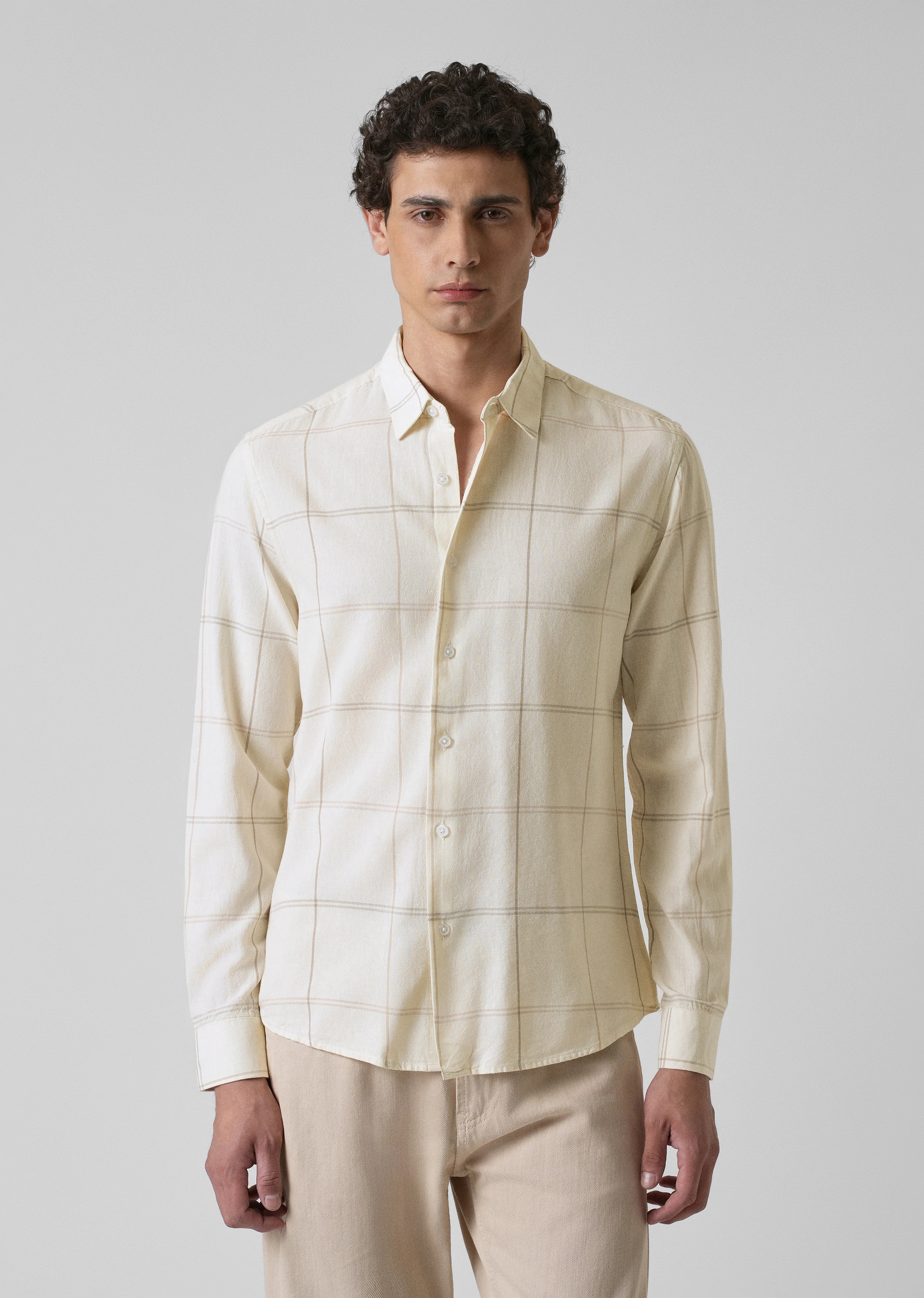 Cream Blended Linen Check Shirt - Image 3