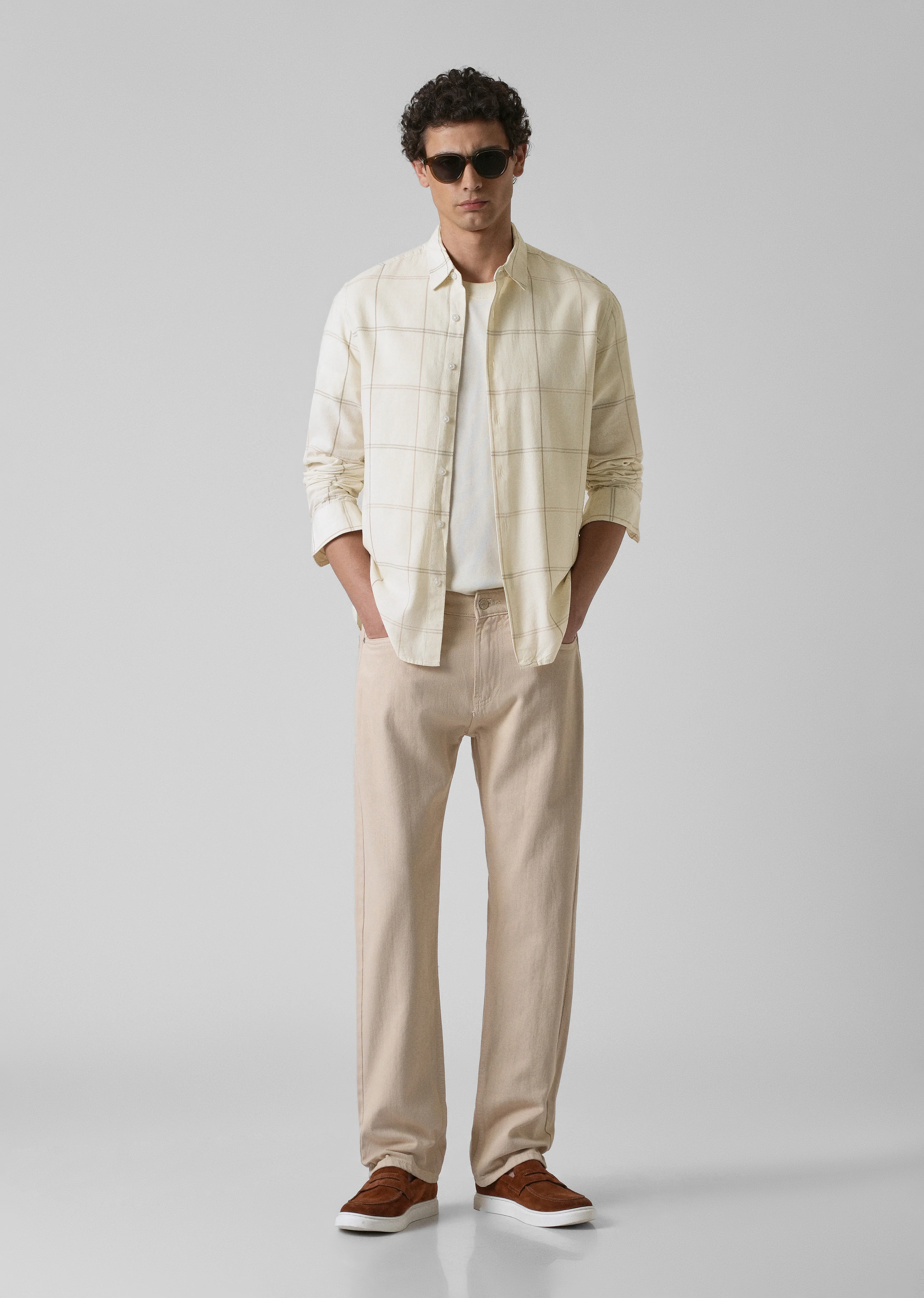 Cream Blended Linen Check Shirt - Image 6
