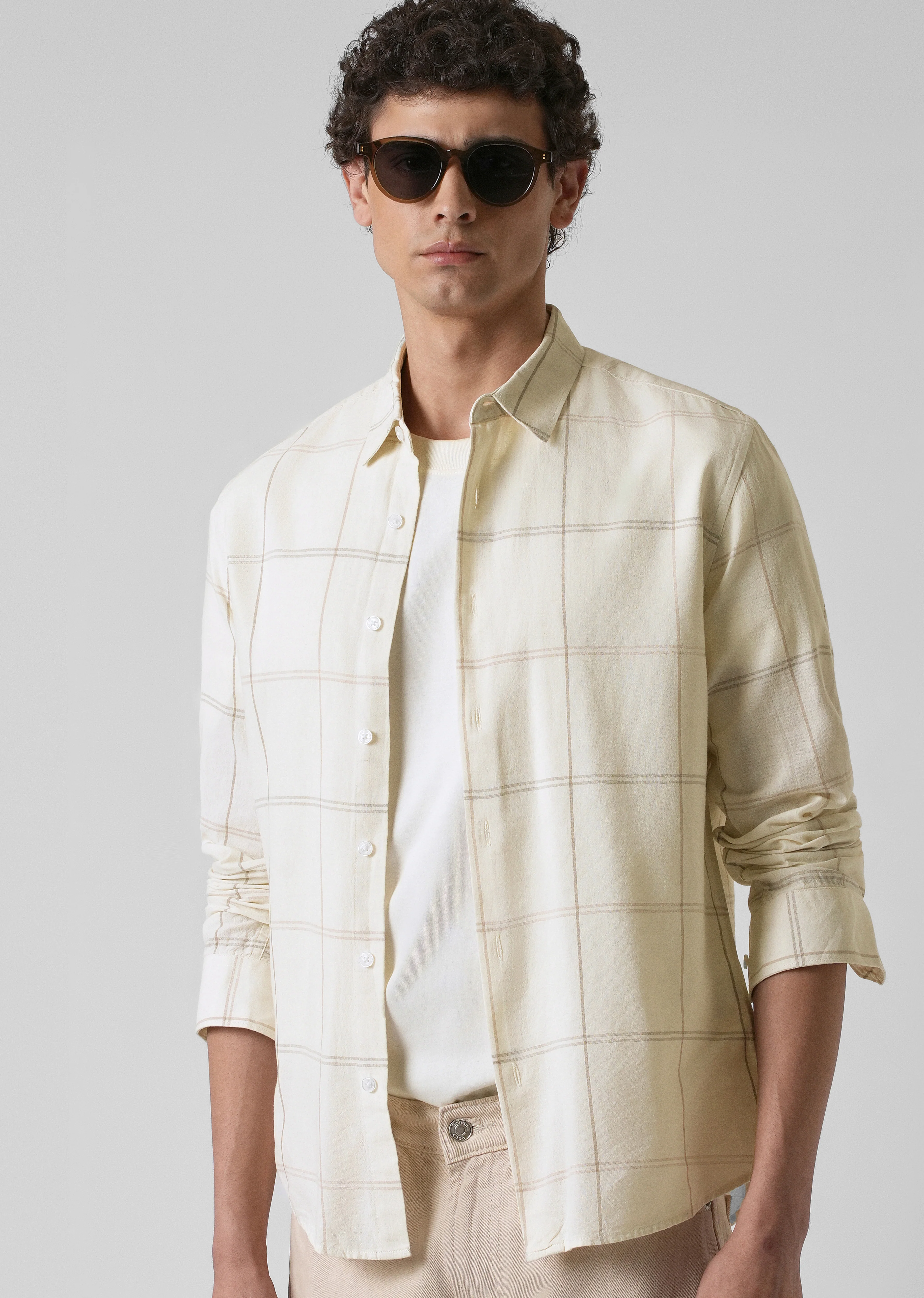 Cream Blended Linen Check Shirt - Image 7